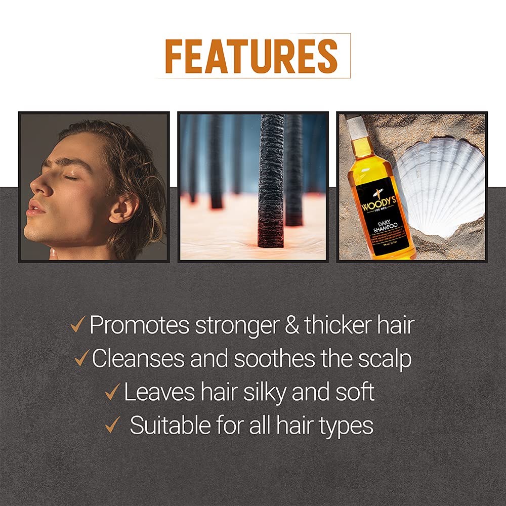 Woody's Daily Shampoo for Men - Sulfate-Free, Hydrating Hair Care, All Natural & Organic, Refreshing Scalp Cleanser Mens Shampoo, 32 fl oz