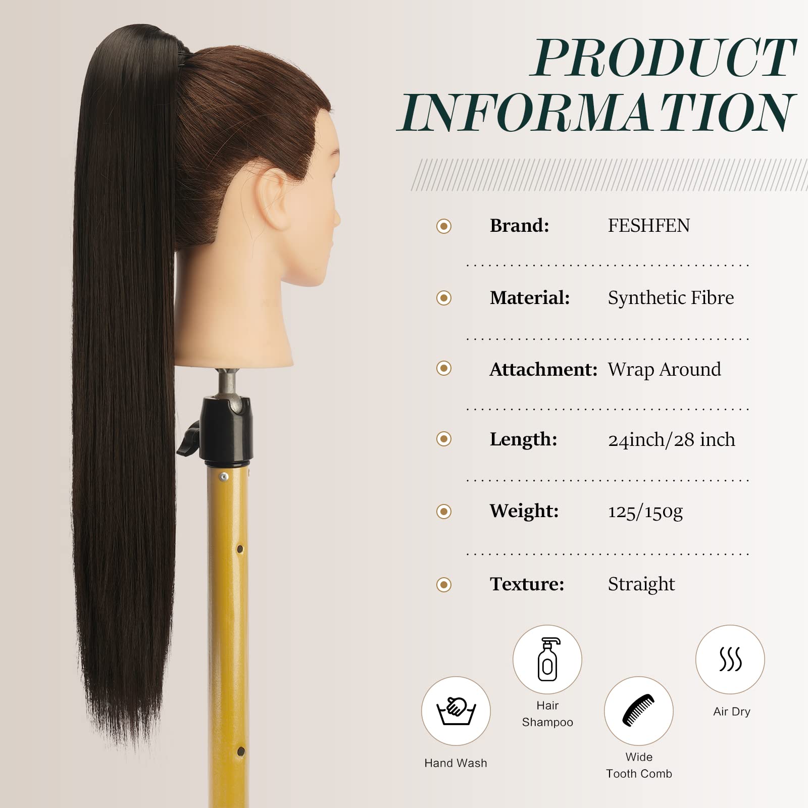 FESHFEN Straight Ponytail Extensions 28 Inch Long Wrap Around Synthetic Hair Piece Clip in Ponytail Hair Extensions Hairpiece for Women Girls 150g