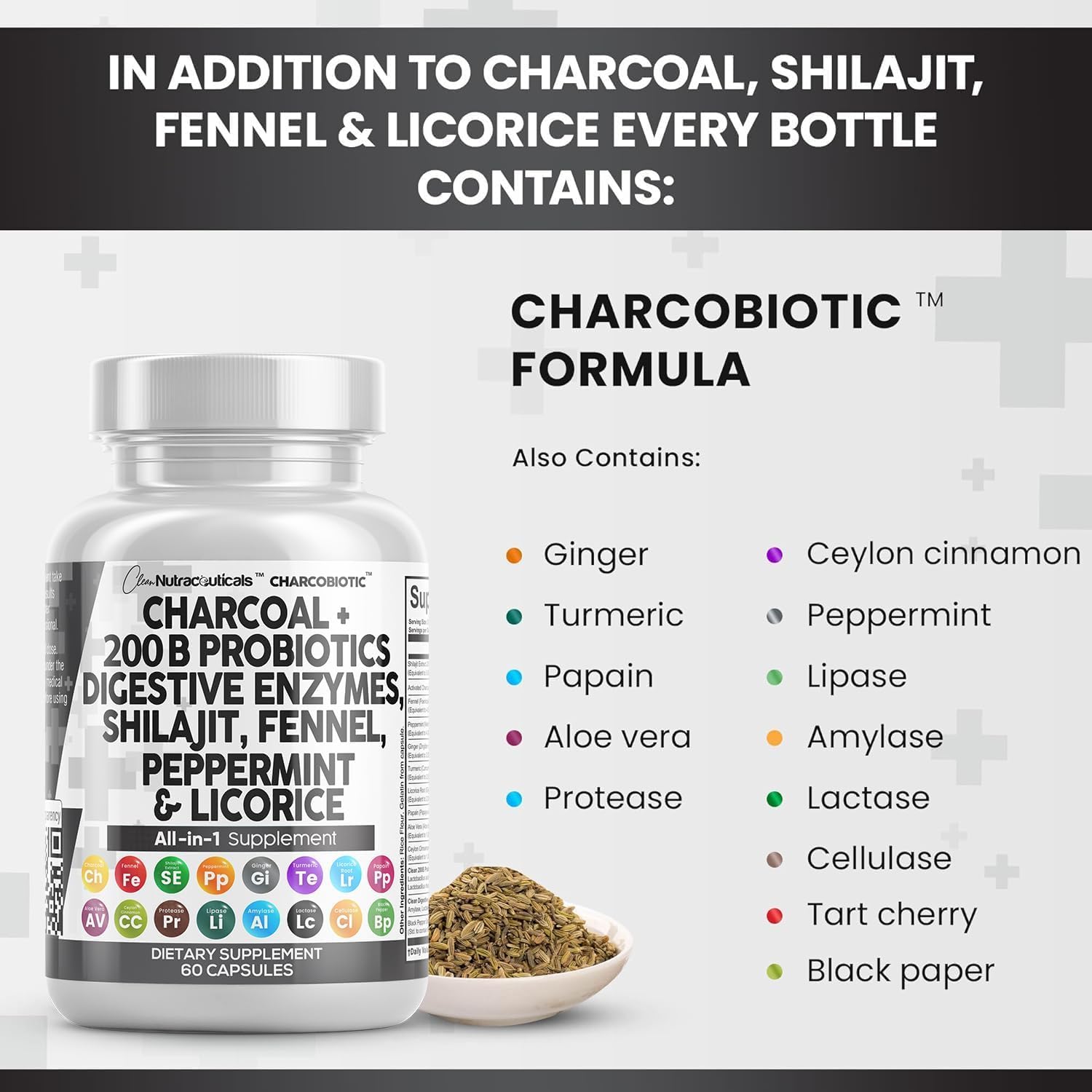 Clean Nutra Activated Charcoal Capsules Shilajit 5000mg Pills Probiotic 200 Billion + Digestive Enzymes for Digestive Health with Peppermint Fennel Licorice Papain Ginger Turmeric | Gut Health
