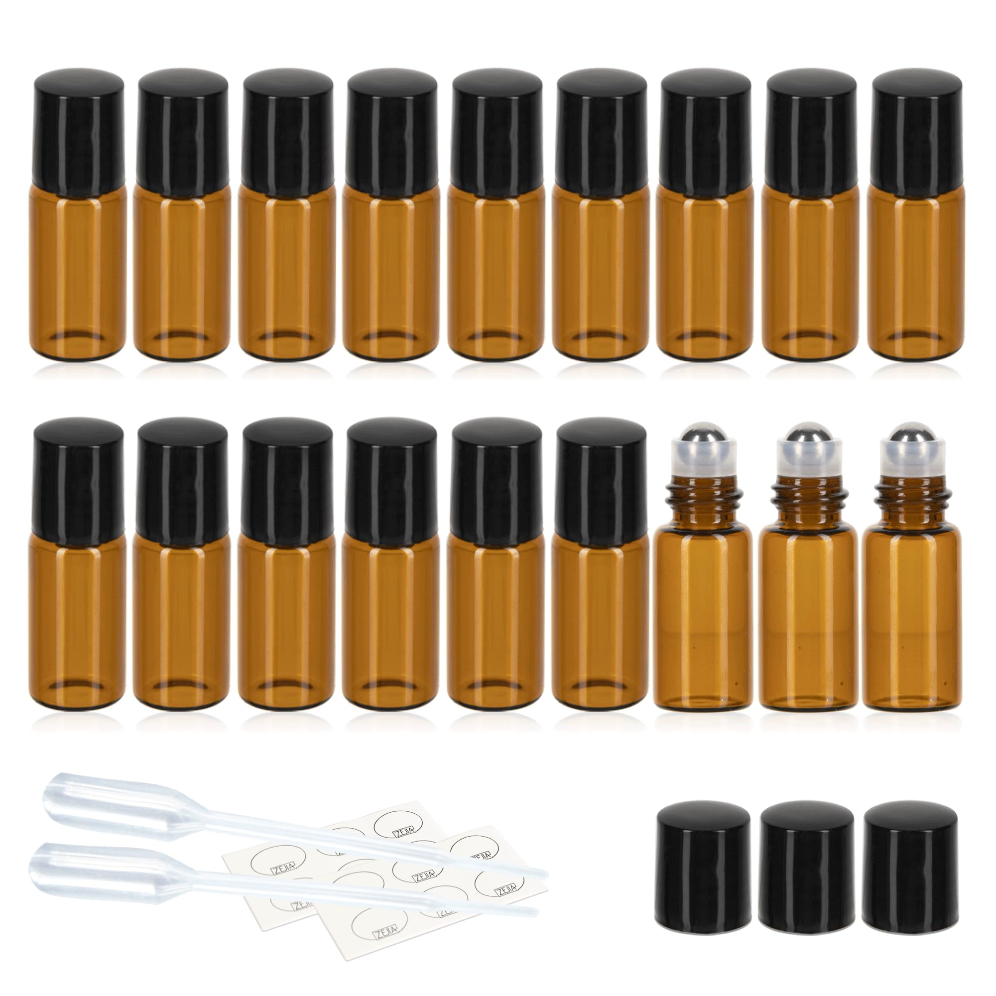 3-24Pcs-Bw: Zejia 3Ml Roller Bottles 24Pack Amber Thick Glass Essential Oil Roller Bottles Stainless Steel Roller Ball With 2 Droppers