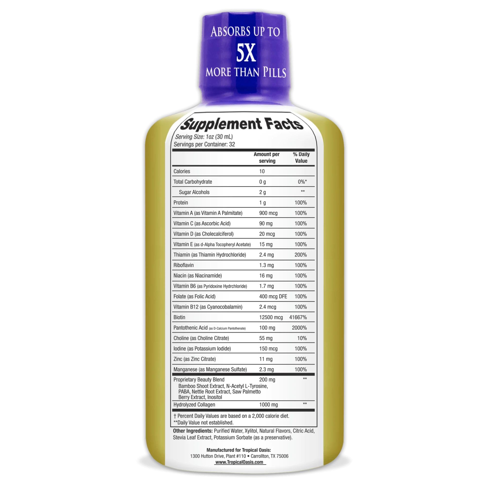 Tropical Oasis - Liquid Beauty | Supplement for Hair, Skin, & Nail Growth - Biotin + Hydrolyzed Collagen (32 Servings)