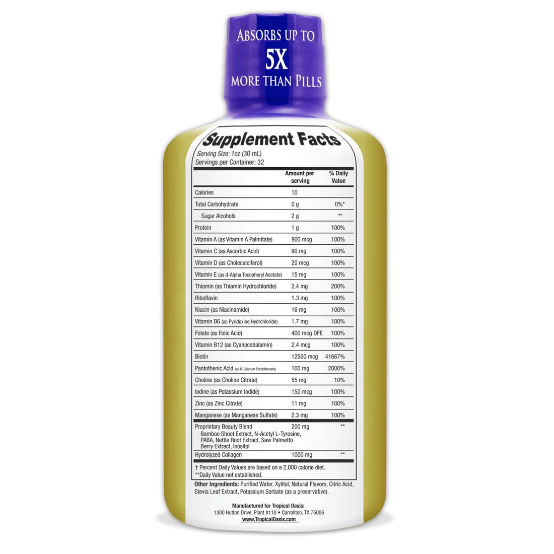 Tropical Oasis - Liquid Beauty | Supplement for Hair, Skin, & Nail Growth - Biotin + Hydrolyzed Collagen (32 Servings)