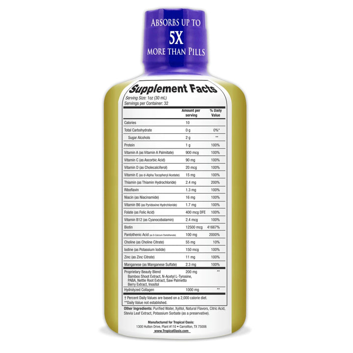 Tropical Oasis - Liquid Beauty | Supplement for Hair, Skin, & Nail Growth - Biotin + Hydrolyzed Collagen (32 Servings)