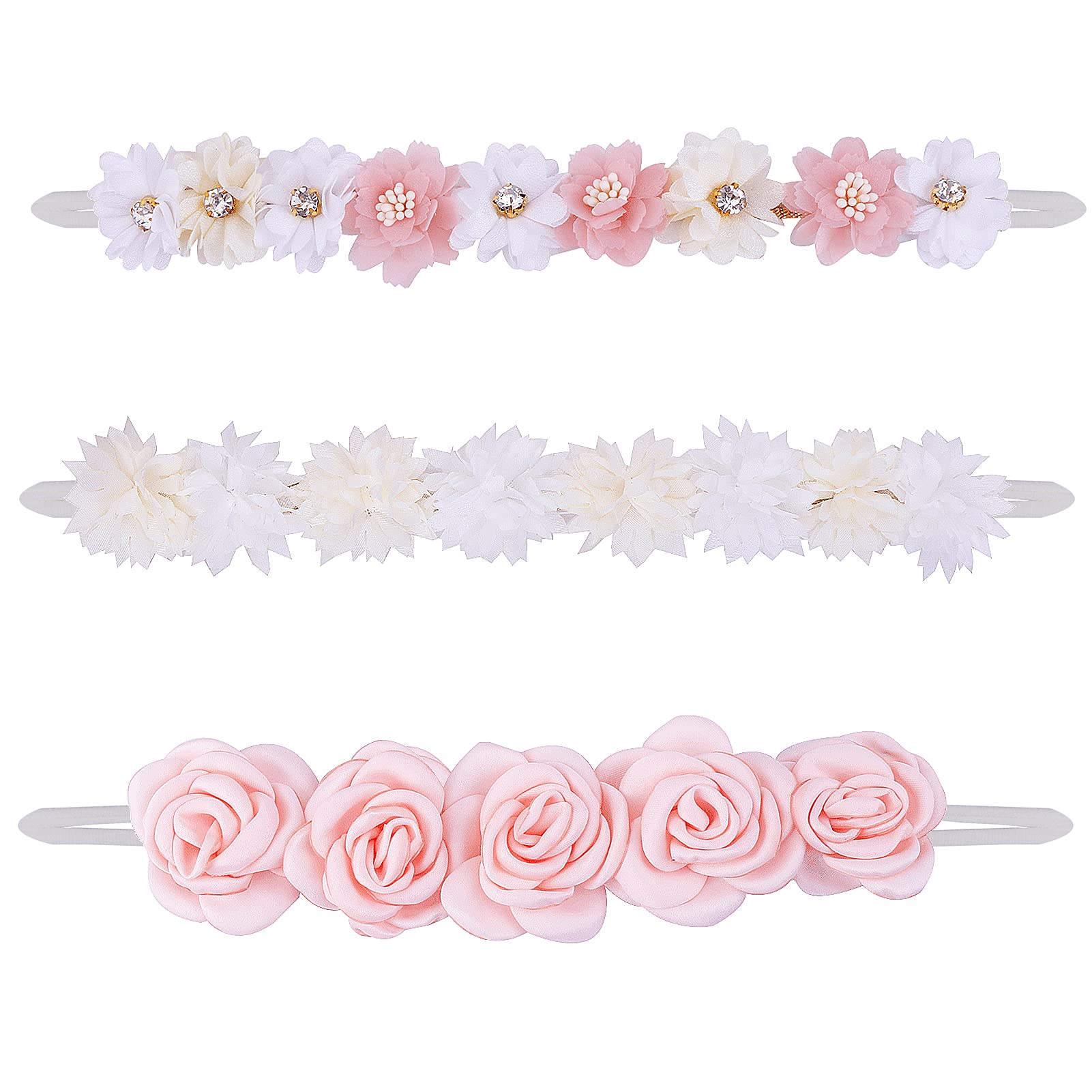 mligril 3pcs Baby Girl Floral Headbands Set-Elastic Hair Band Crown Flower Wraps for Newborn Infant Toddler (3, Pink)