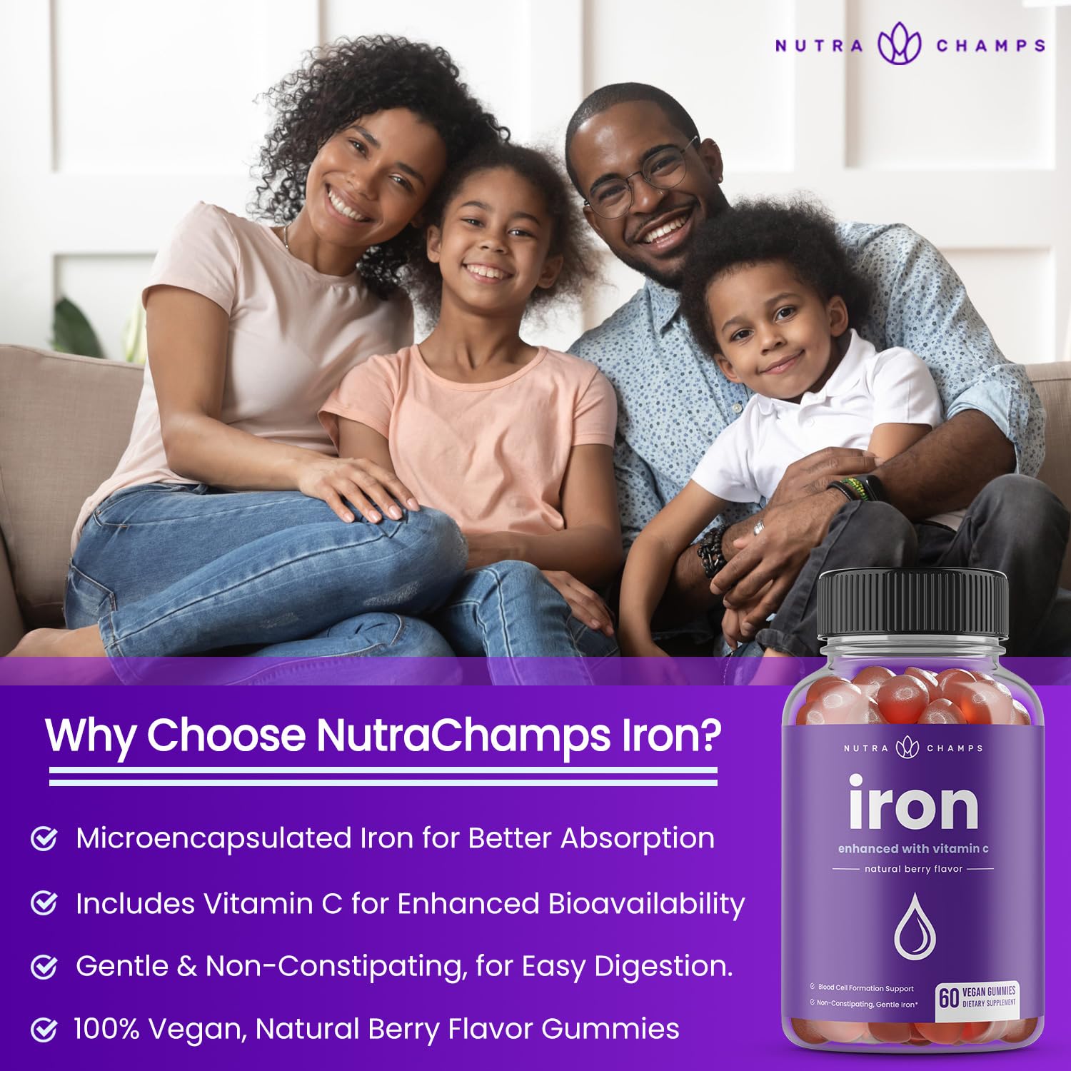NutraChamps Iron Gummies with Vitamin C, 20mg Iron Gummies for All, Blood Cell Formation Support, 120 Gummies, Iron Gummy for Iron Deficiency & Anemia, Energy, Focus, Immune Boost Pack of 2