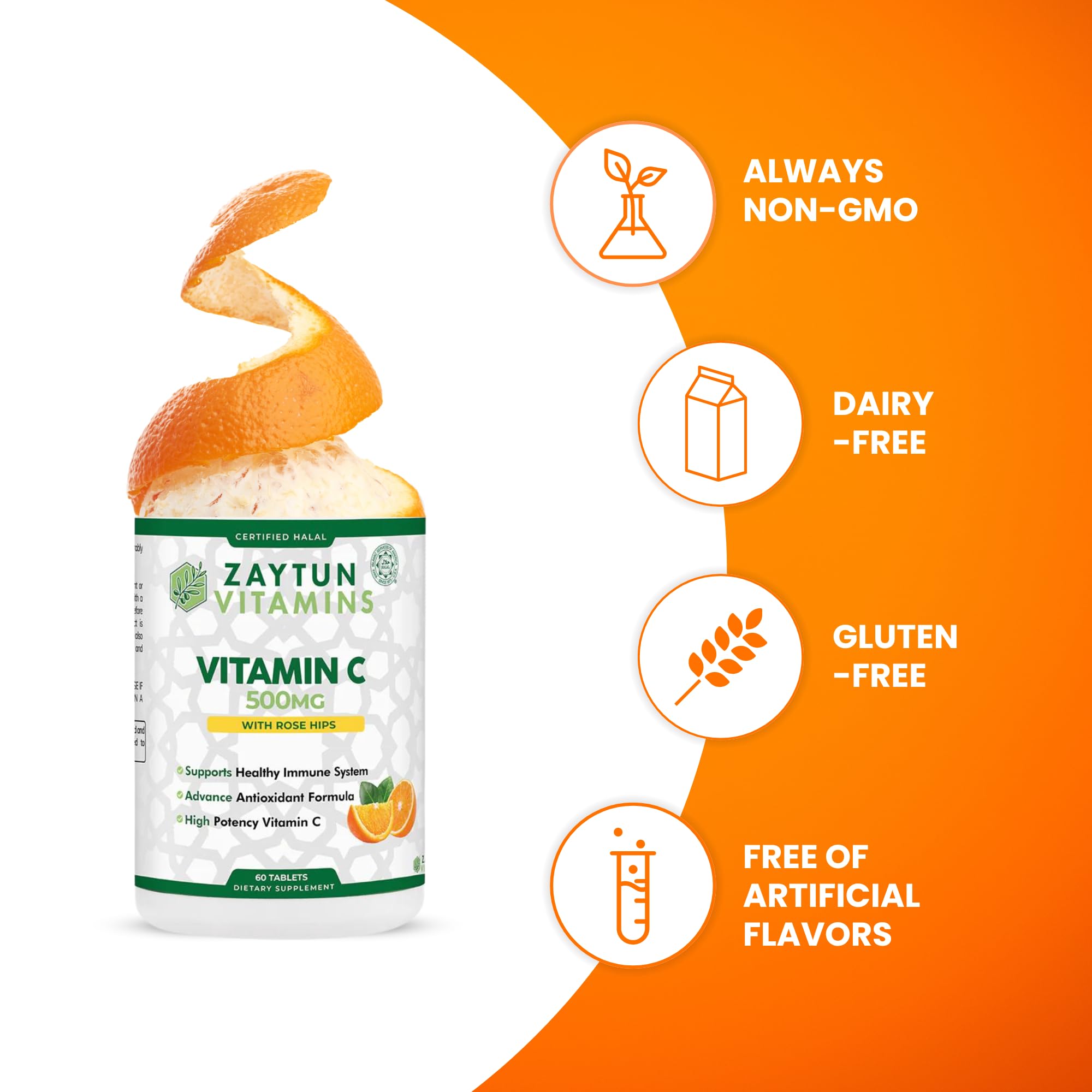 Zaytun Vitamins Halal Vitamin C 500mg Tablets with Rose HIPS Supports Immune System, Natural Antioxidant with Citrus Bioflavonoids - Vegan - Gluten-Free - 2 Months Supply - Halal Vitamins