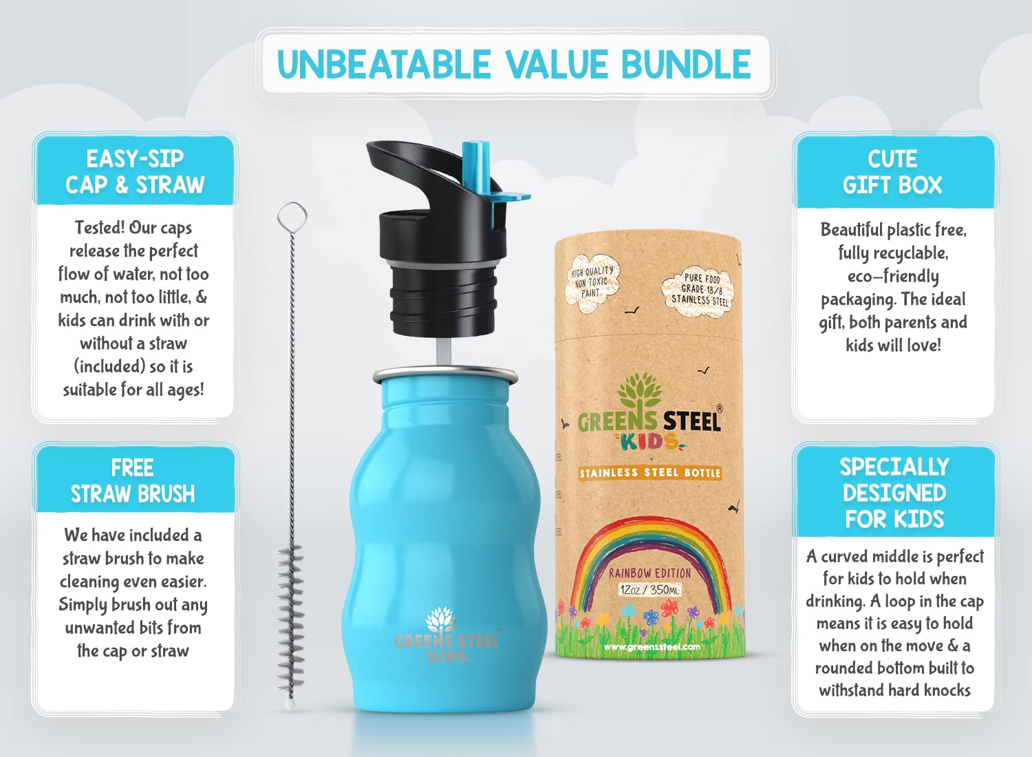 Kids Water Bottle with Straw & Handle, 12 oz Blue - Eco Friendly Toddler Cups with Straws - Easy Sip Metal Water Bottle for Kids - Cute Stainless Steel Water Bottles for Children - Leak Proof Lid