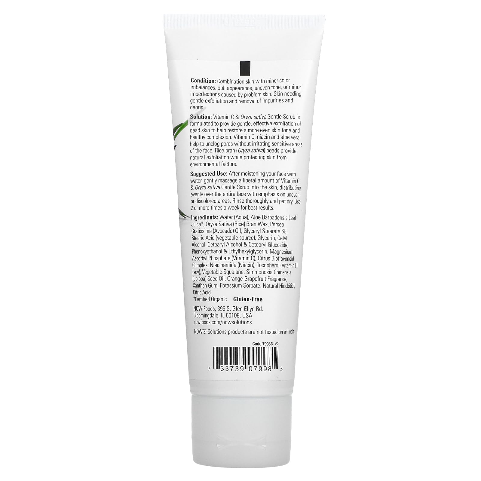 NOW Foods Solutions, Vitamin C and Oryza Sativa Gentle Scrub, Brightening System, Gentle Mild Exfoliation for Daily Use 4-Ounce