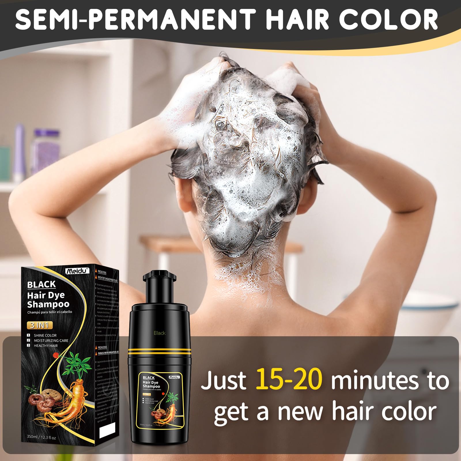 IIIMEIDU Black Hair dye Shampoo 3 in 1, Natural Hair Color Shampoo for Gray Hair, Shampoo Tinte Para el Cabello for Women and Men 100% Grey Hair Coverage, 350ml