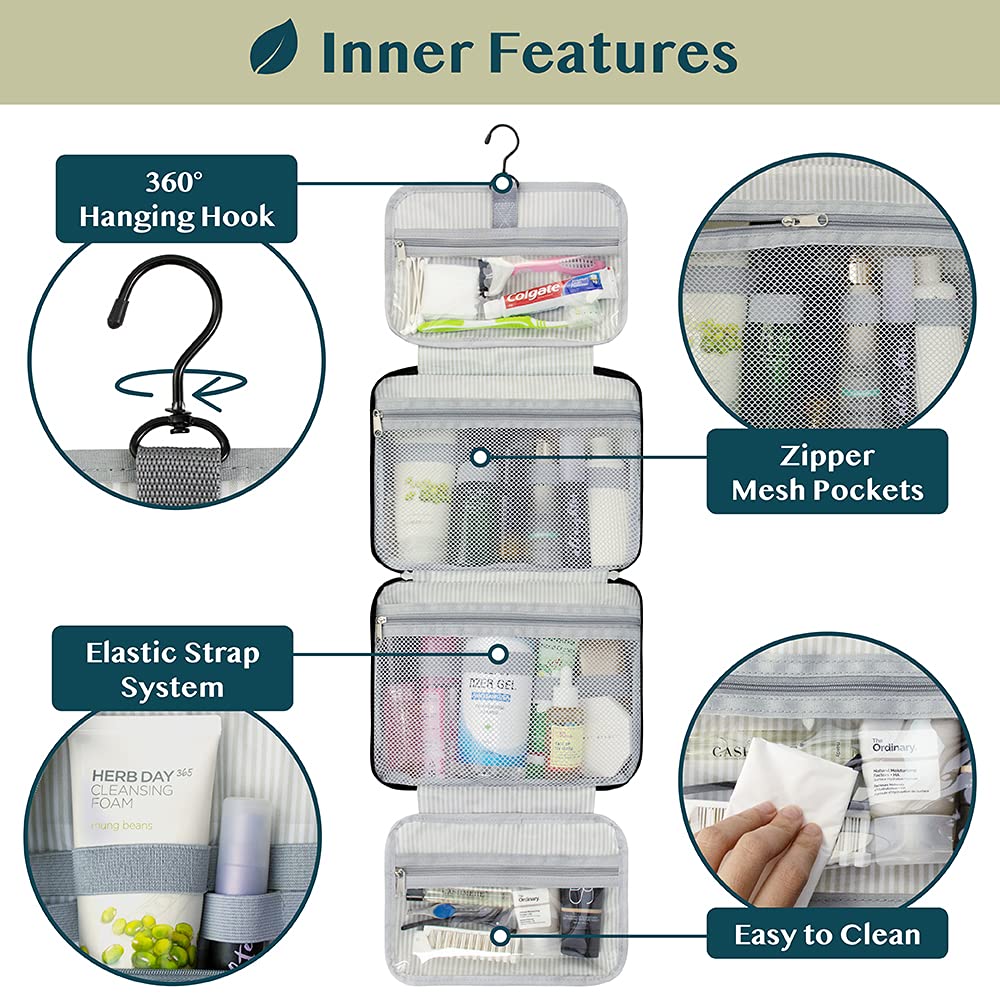 PAVILIA Hanging Toiletry Bag Travel Bag Women Men, Foldable Cosmetic Organizer, Roll up Makeup Bag, Water Resistant Accessories Toiletries, Large Travel Essentials Kit (Black Chevron)