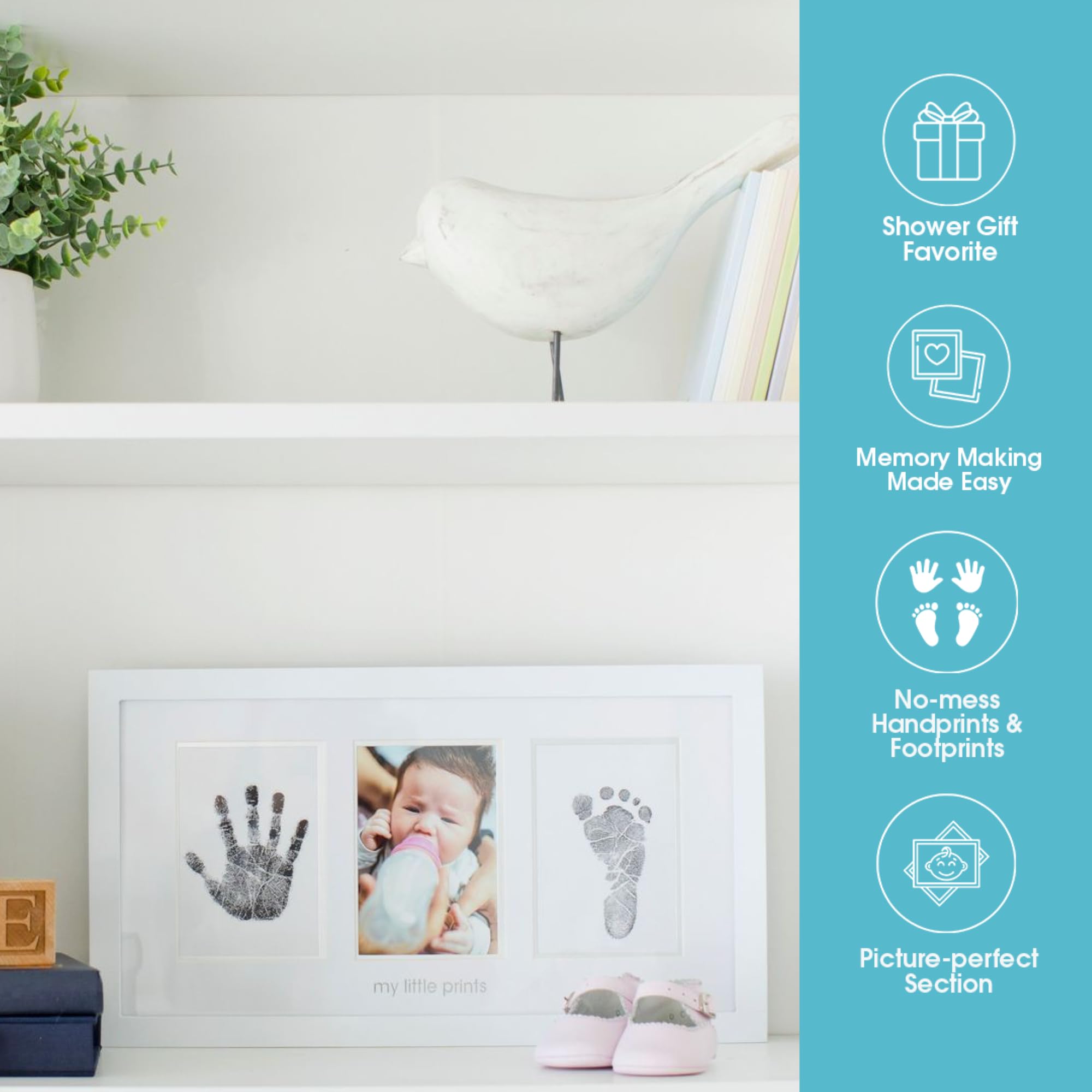 Pearhead Baby Hand and Footprint Kit - Inkless No Mess Clean-Touch Ink Pad, Newborn Keepsake Frame, Nursery Decor Essentials, Perfect Shower Gift for Boys and Girls, White