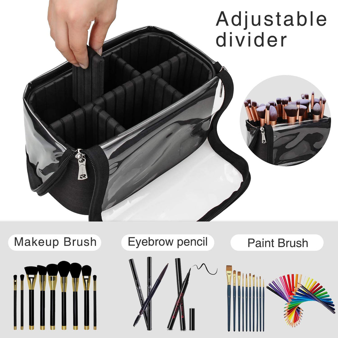 Makeup Brush Case Stand-up Makeup Cup Makeup Brush Holder Travel Professional Cosmetic Bag Artist Storage Bag Large Makeup Brush Bag with Adjustable Divider (Large, Black)