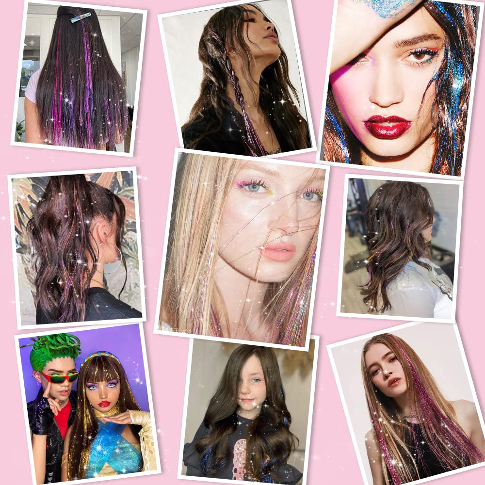 Hair Tinsel Pack of 12 Pcs Clip in Hair Tinsel 20 Inch Glitter Blue Tinsel Hair Extensions, Festival Tinsel Fairy Hair Party Dazzle Hair Accessories Strands Kit(12Pcs,Sapphire blue#)