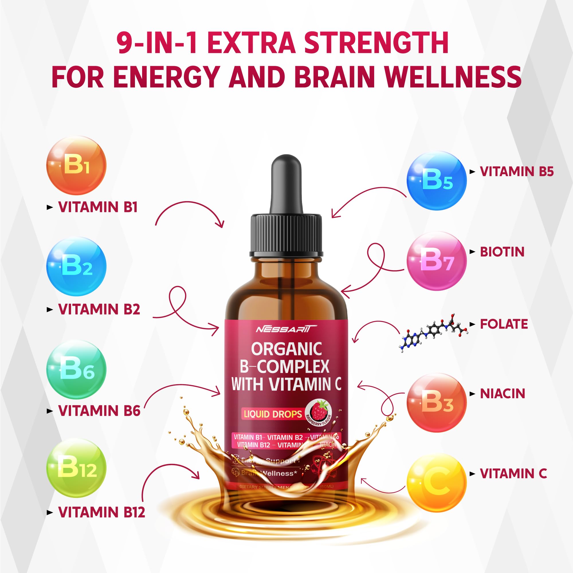 NESSARIT Organic B-Complex Liquid Drops with Vitamin C - B1, B2, B6, B12, B5, Niacin - Energy Support, Brain Wellness - Raspberry Flavor - Made in USA - 2.0 fl oz (60ml)