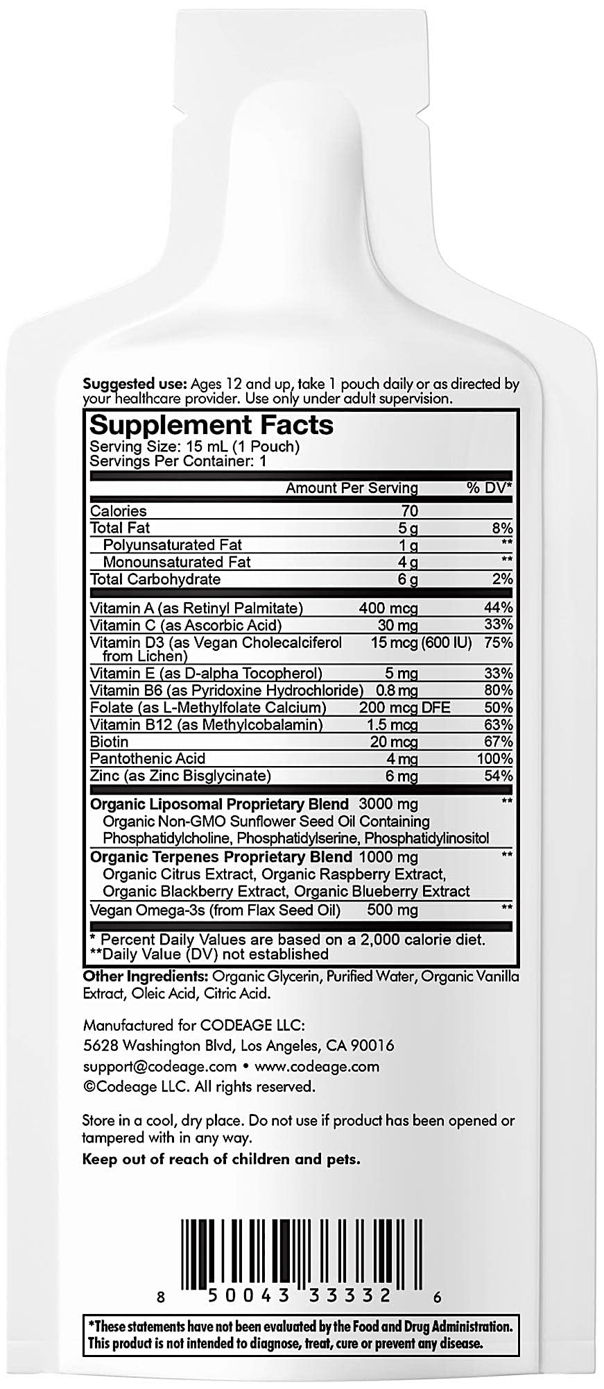 Codeage Multivitamins For Teens, Liquid Vitamin C for Teenagers, Vitamin A B6 B12 D3 E For Kids, Biotin Zinc Omega-3 Folate, Liposomal Vitamins Supplement, One Daily Sachet, Vegan, Non-GMO, 30 Pouches