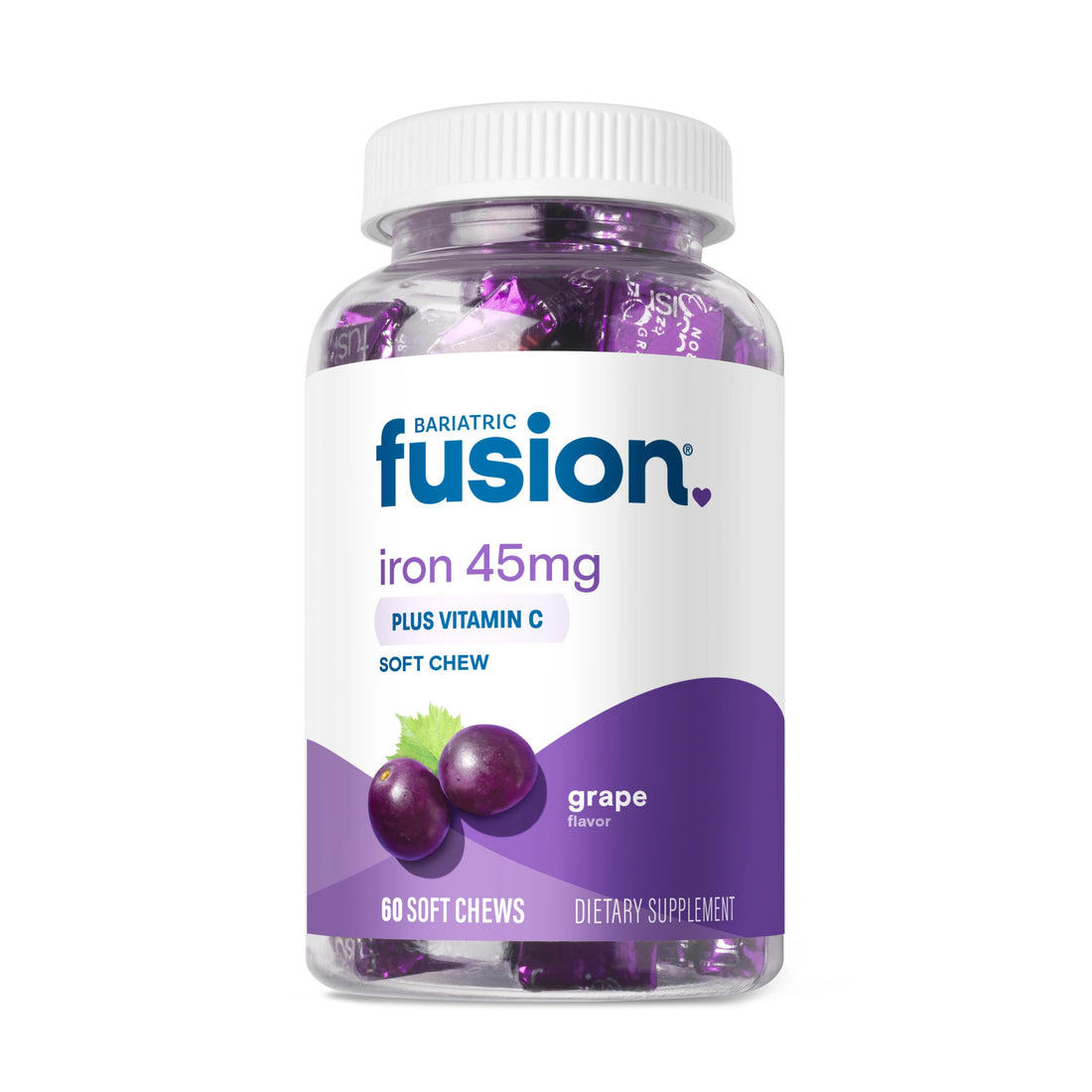 Bariatric Fusion Iron Supplement for Women with Vitamin C | Grape Flavored Soft Chew | Bariatric Iron Chewable Vitamin | Gentle on Stomach Ferrous Fumarate | 60 Count | 2 Month Supply
