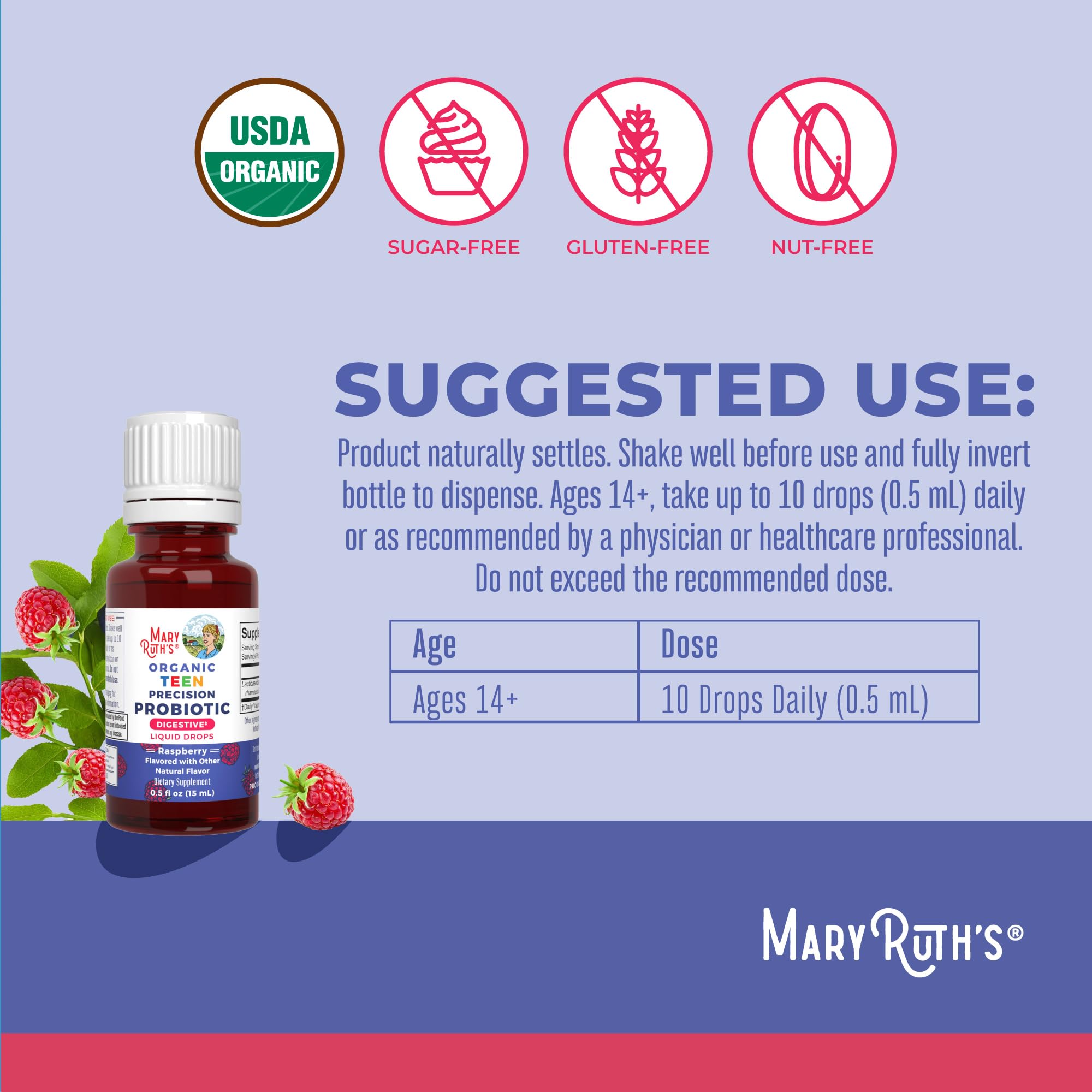 MaryRuth Organics USDA Organic Liquid Probiotic Drops for Teens | Gut Health | Digestive Health | Occasional Digestive Discomfort | Overall Health and Wellness | Non GMO | Vegan | 30 Servings