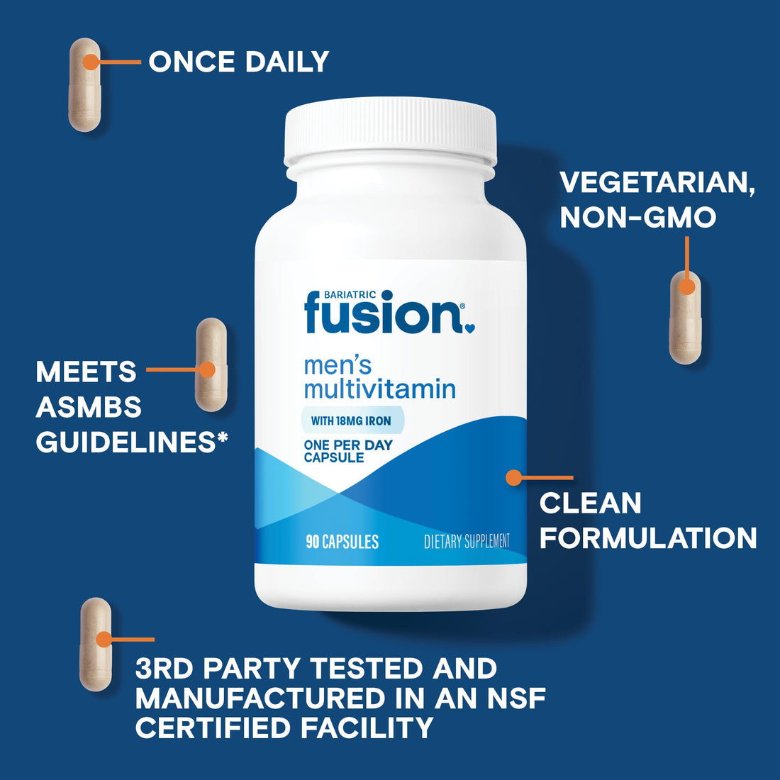 Bariatric Fusion One Per Day Bariatric Multivitamin with Iron for Men | with Prostate and Heart Support Vitamins* | Gastric Bypass and Sleeve Gastrectomy | 90 Capsules | 3 Month Supply