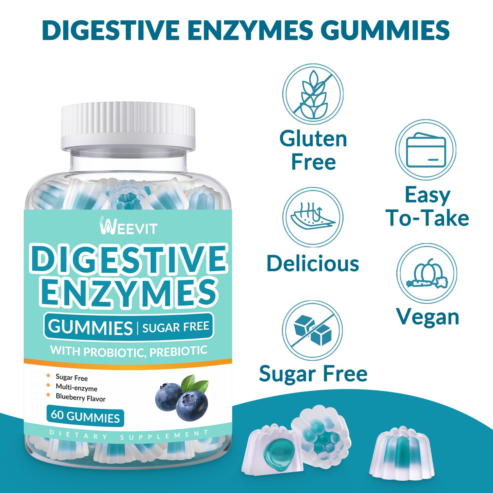 WEEVIT Digestive Enzymes Gummies - 2 Months Supply - Chewable Digestive Enzymes Gummy with Probiotics & Prebiotics Blend for Women Men, Sugar Free | Vegan | Blueberry Flavored (Pack of 2)
