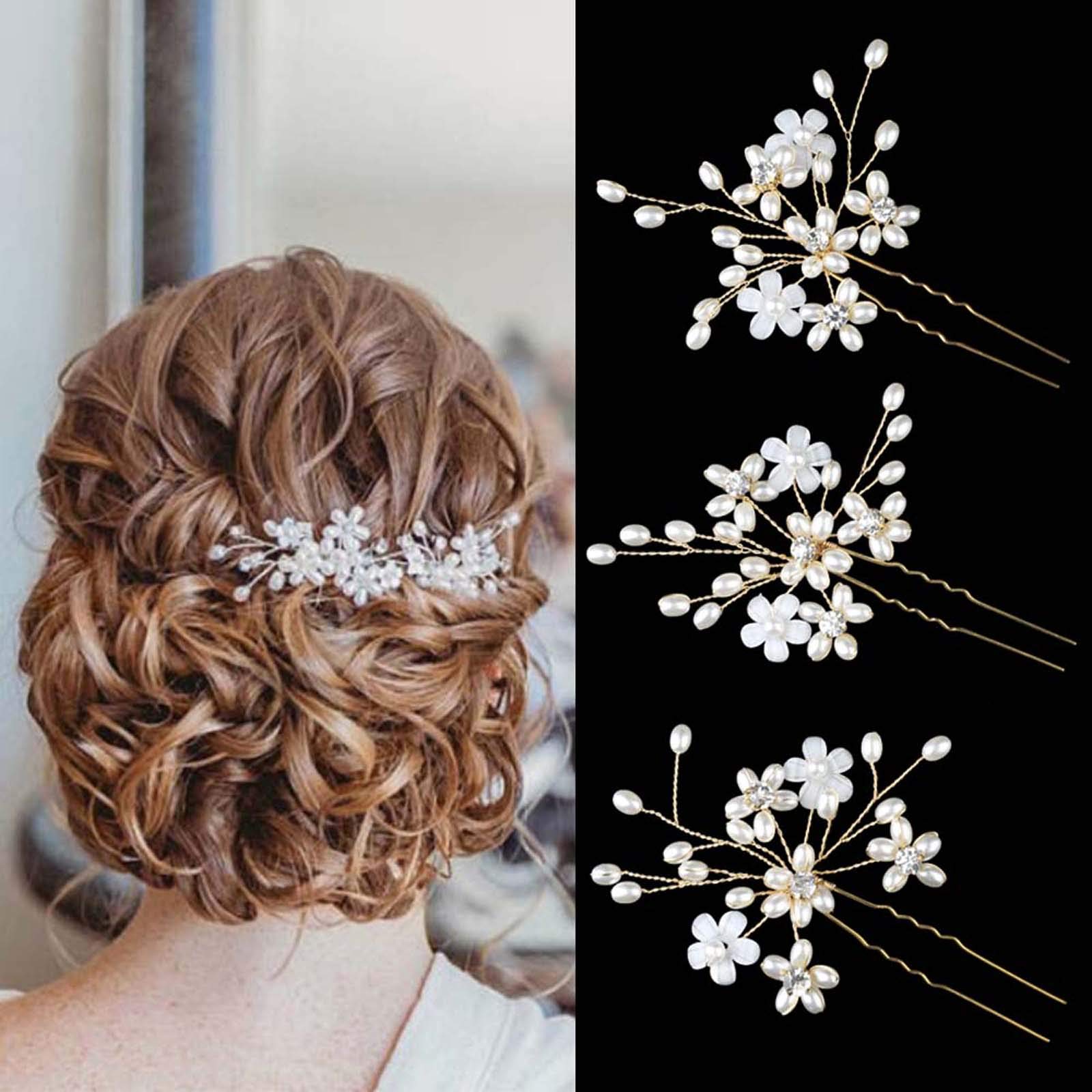 Sppry Wedding Hair Pins (3 Pcs) - Elegant Pearl Floral Crystal Hair Accessories for Bridal Women (Gold)