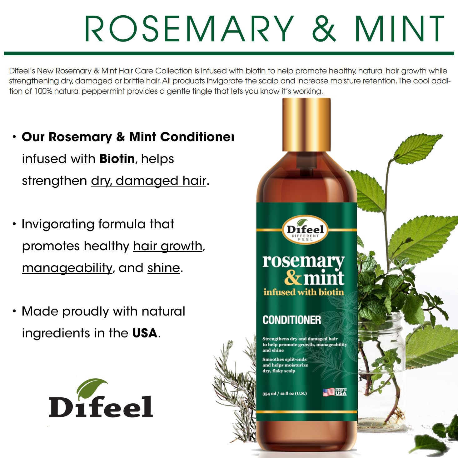 Difeel Elevated Rosemary Mint Hair Conditioner with Biotin 12 oz. - Made with Natural Rosemary & Mint to Strengthen Dry, Damaged Hair, Promote Growth, Smooth Split Ends & Moisturize Dry Scalp