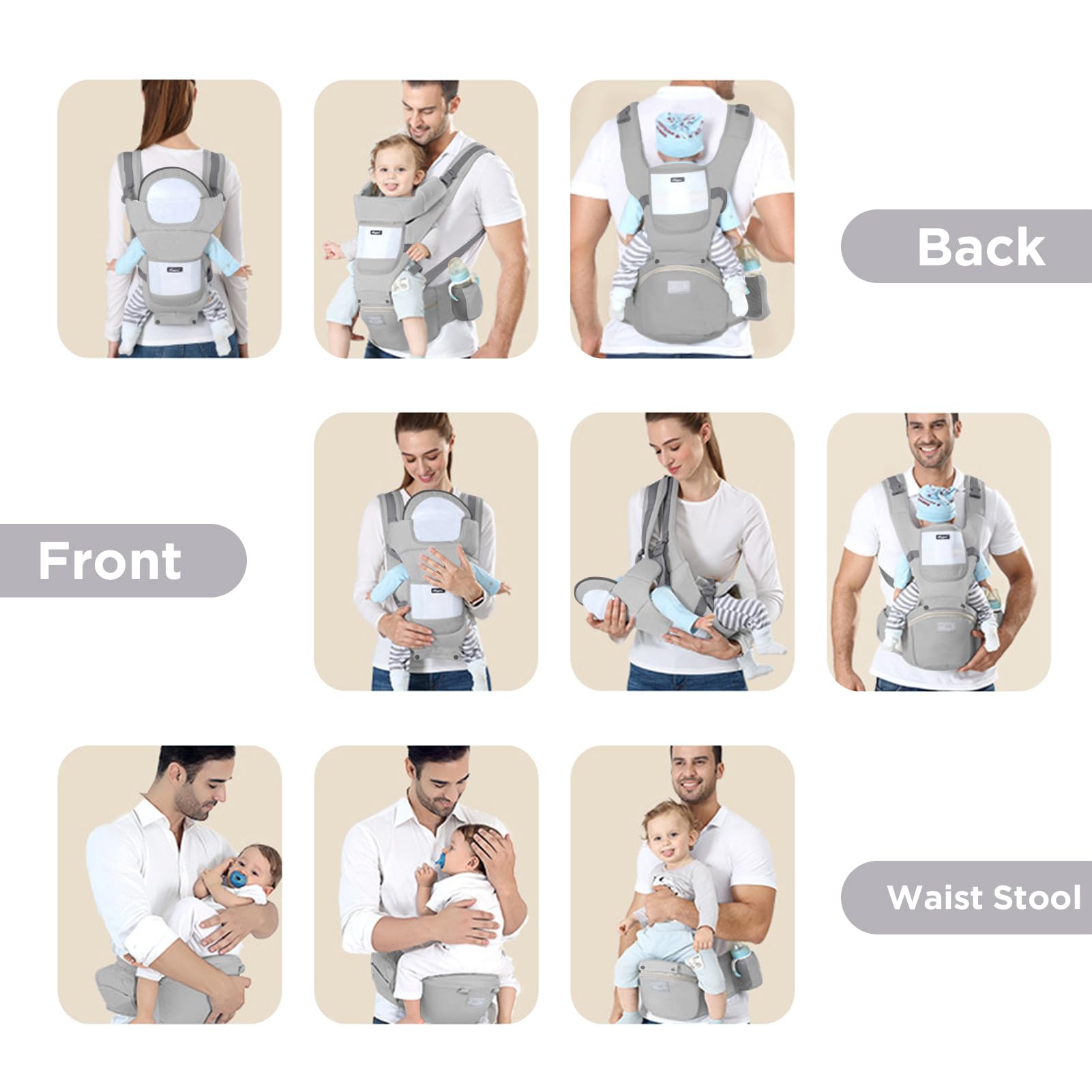 Huifen Multi-Functional 9 in 1 Baby Carrier - Newborn to Toddler, 7-45 lbs, Ergonomic Sling Carrier with Hip Seat, Hands Free Backpack Carrier for All Seasons (Grey)