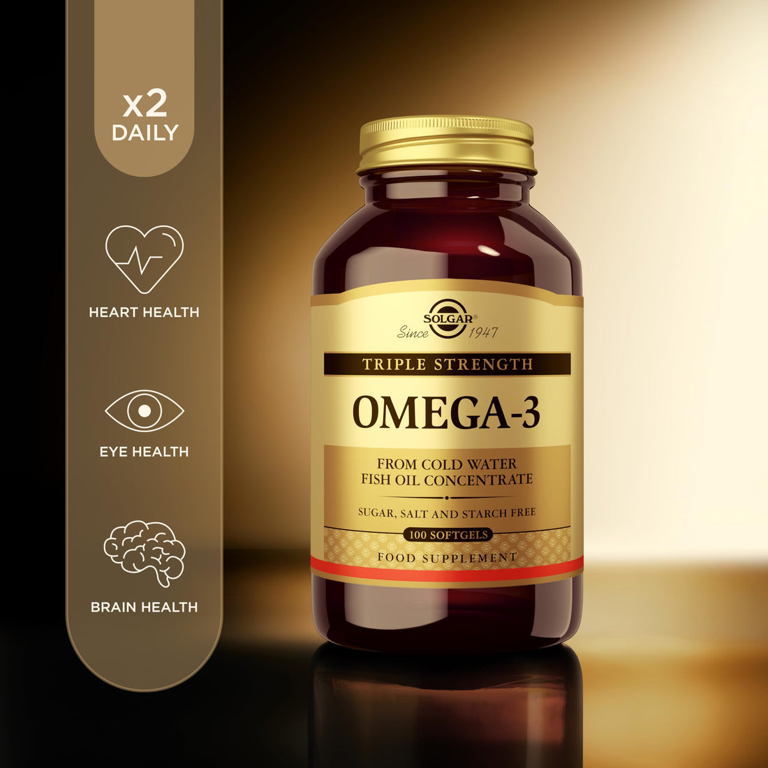 Solgar Triple Strength Omega-3 950 mg, 100 Softgels - Supports Cardiovascular, Joint & Skin Health - Heart Healthy Supplement - Essential Fatty Acids - Non GMO, Gluten/ Dairy Free - 100 Servings