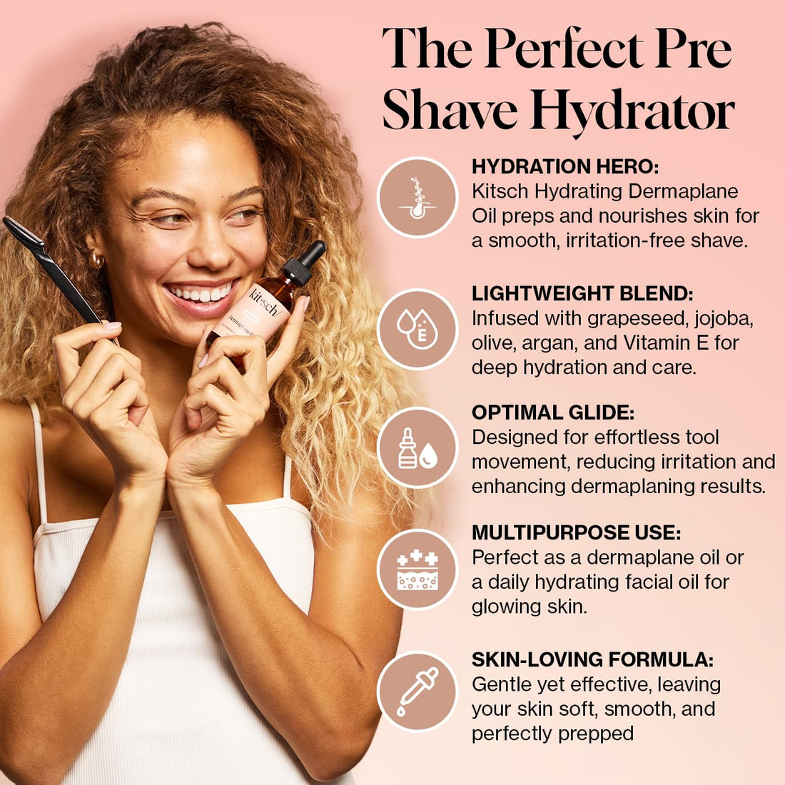 Kitsch Hydrating Dermaplane Oil, Face Shaving Oil for Women - use with Dermaplaning Tool, Razor, Shaver or Microblades for Face for Close Shave, with jojoba, vitamin E, grapeseed & argan oil - 2oz