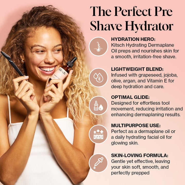 Kitsch Hydrating Dermaplane Oil, Face Shaving Oil for Women - use with Dermaplaning Tool, Razor, Shaver or Microblades for Face for Close Shave, with jojoba, vitamin E, grapeseed & argan oil - 2oz