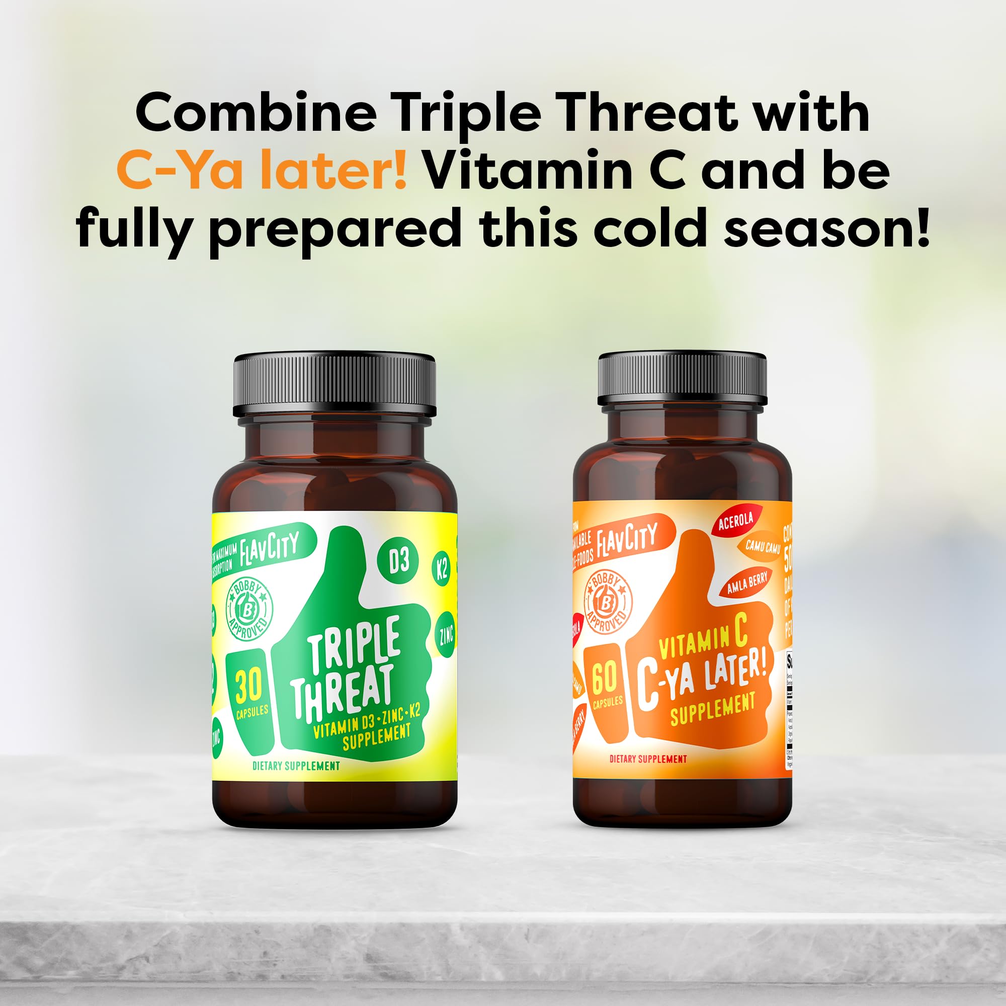 FlavCity Vitamin D Supplement, Triple Threat - 3-in-1 Dietary Supplement for Immune Support - Made with Vitamin D3, Zinc & Vitamin K2 for Maximum Absorption - 30 Capsules