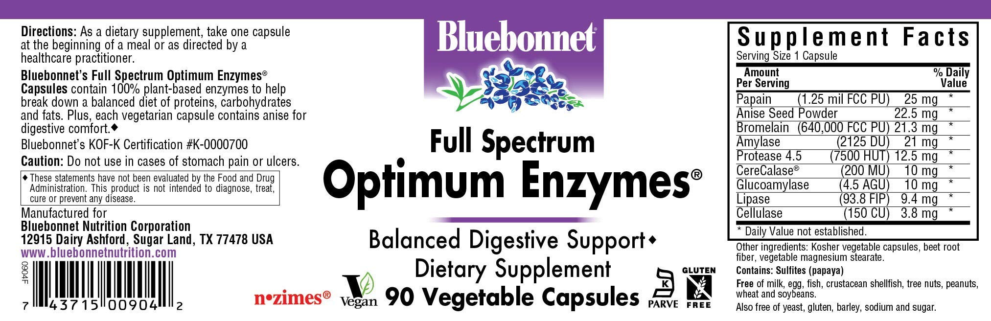BlueBonnet Full Spectrum Optimum Enzymes Vegetarian Capsules, 90 Count