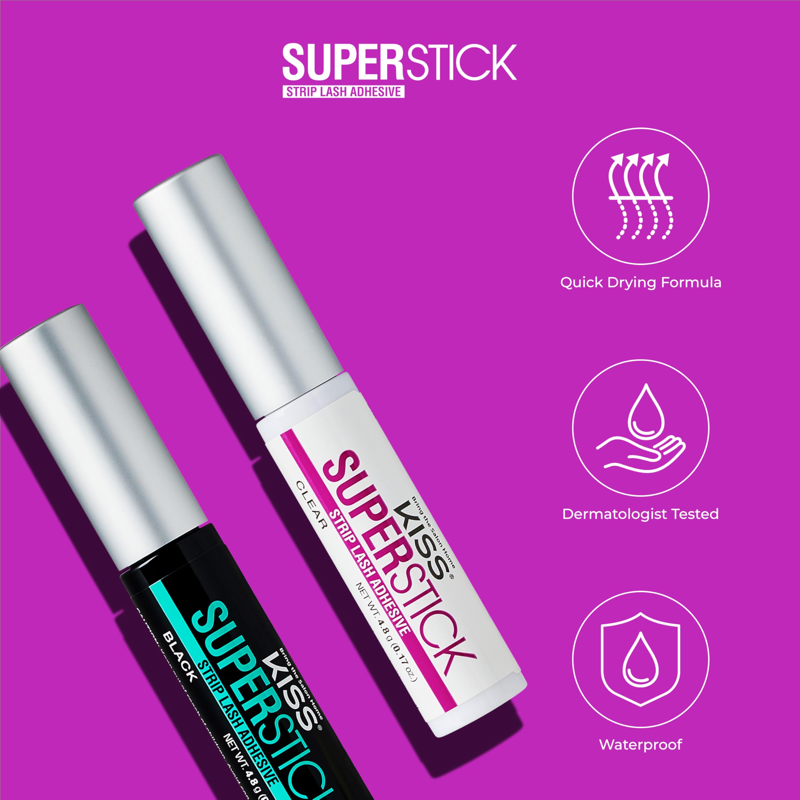 KISS Super Stick 5-Day Extended Wear Strip Lash Adhesive, Quick Drying Lash Glue, Witch Hazel & Cactus Extract Infused, Brush Applicator, Net Wt. 4.8g (0.17 oz.), Clear