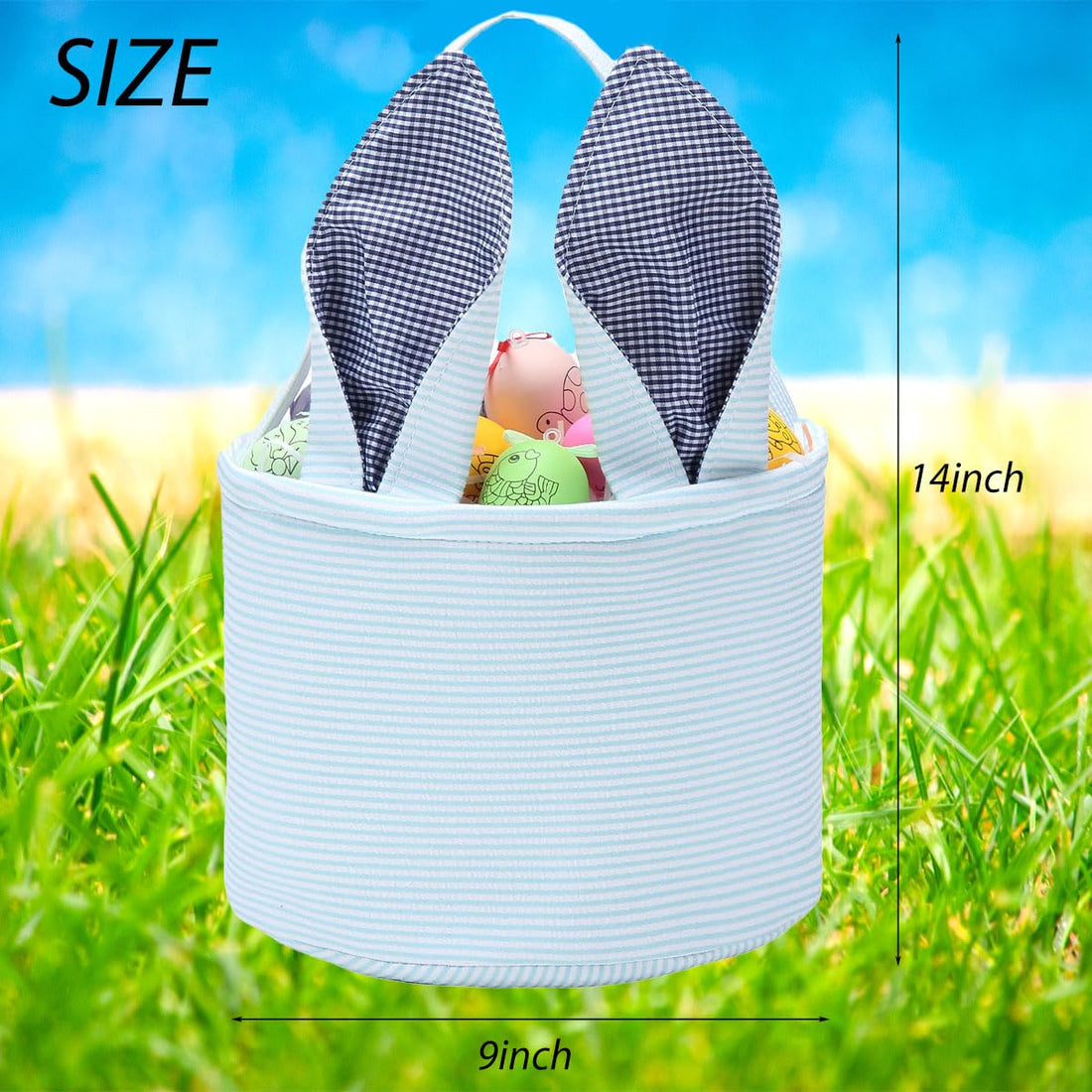 Easter Bunny Basket Seersucker Egg Bags for Kids,Personalized Candy Egg Basket Rabbit Print Buckets with Fluffy Tail Gifts Bags for Easter……