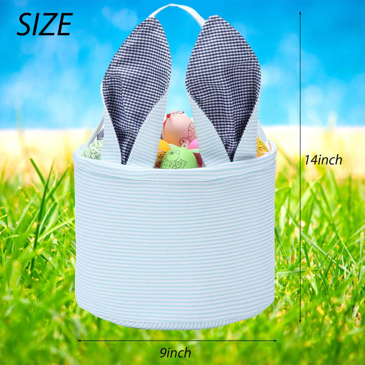 Easter Bunny Basket Seersucker Egg Bags for Kids,Personalized Candy Egg Basket Rabbit Print Buckets with Fluffy Tail Gifts Bags for Easter……