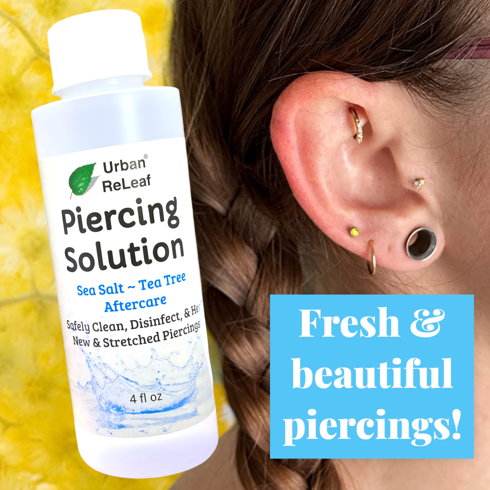 Piercing Solution ! Healing Sea Salts & Tea Tree Aftercare 4 Oz, Ready To Use. Safely Clean, Disinfect & Heal New & Stretched Piercings. Gentle Effective Natural & Soothing. Works Fast
