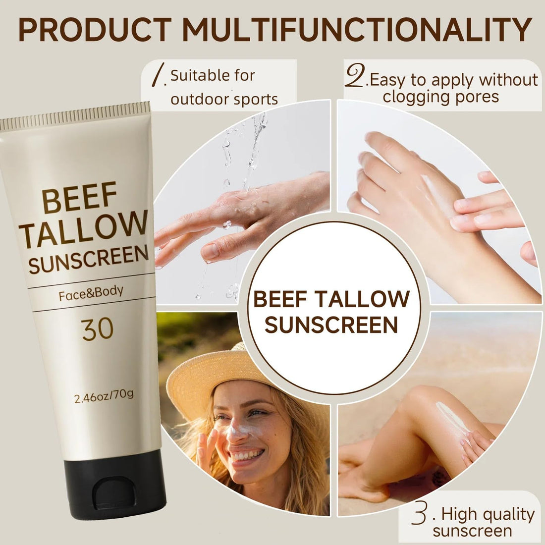 Tallow Sunscreen, Sunscreen for Face, Natural Reef Safe Face Body Beef Tallow Sunblock, Non Greasy Clean Travel Sun Screen Sunblock for Summer Outdoor Travel, 2.46 OZ