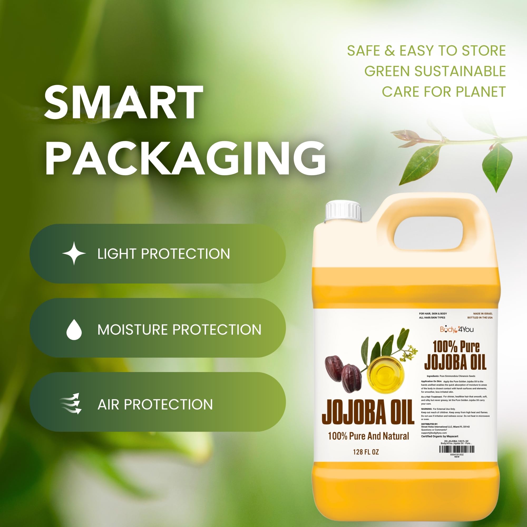 BodyJ4You Jojoba Oil - Organic USDA 100% Pure Natural - Moisturizing Oil Face, Hair, Skin Nails - Cold Pressed, Unrefined, Anti-Aging - Men Women All Skin Types - Bulk 128 Fl Oz