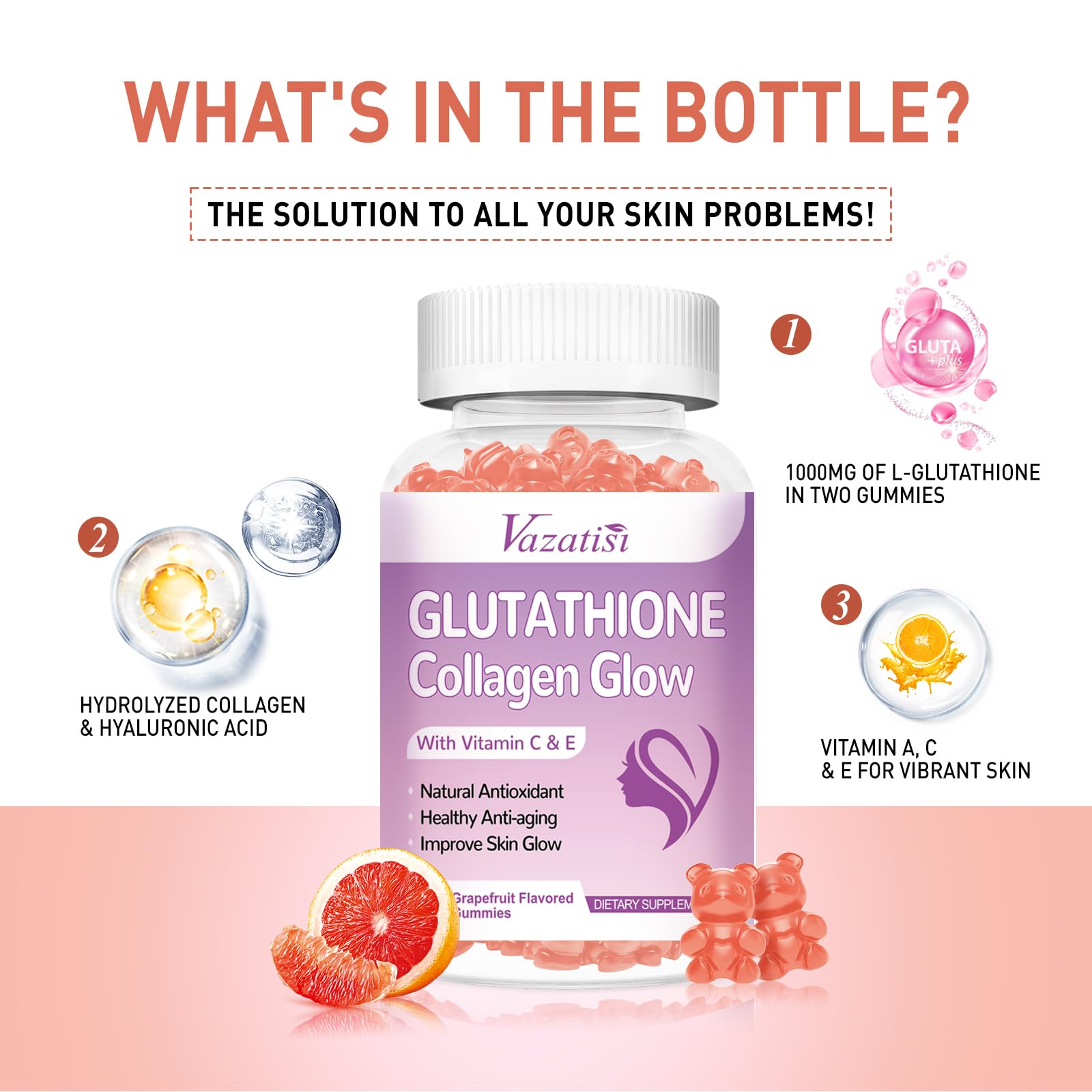 Glutathione Collagen Glow Gummies, Collagen Gummies with Vitamin C, E, Glutathione Supplement for Women, Skin Care, Anti-Aging, Grapefruit Flavor, 60 Count