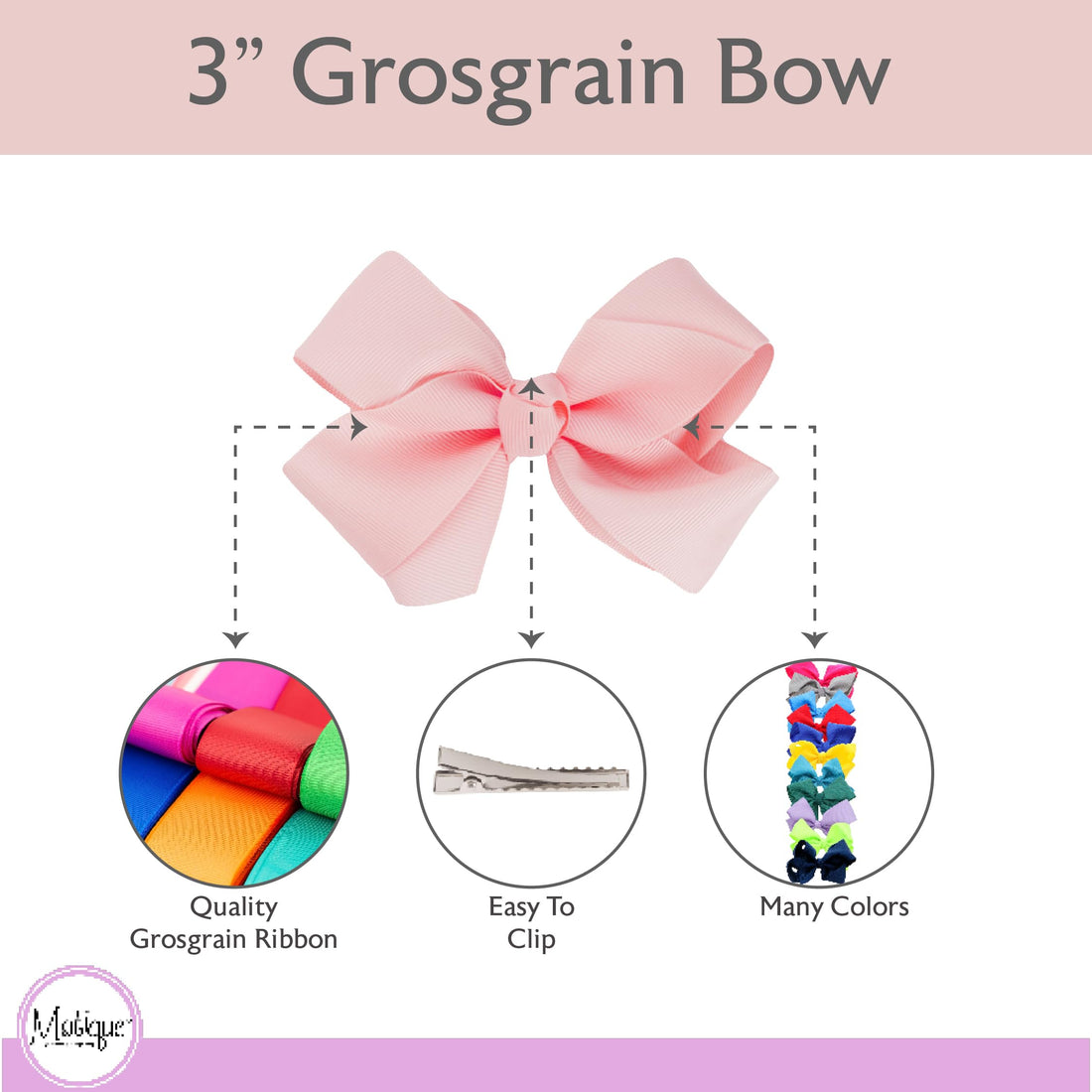 3 Inch Grosgrain Bow for Little Girls- Set of 2 (Light Pink)