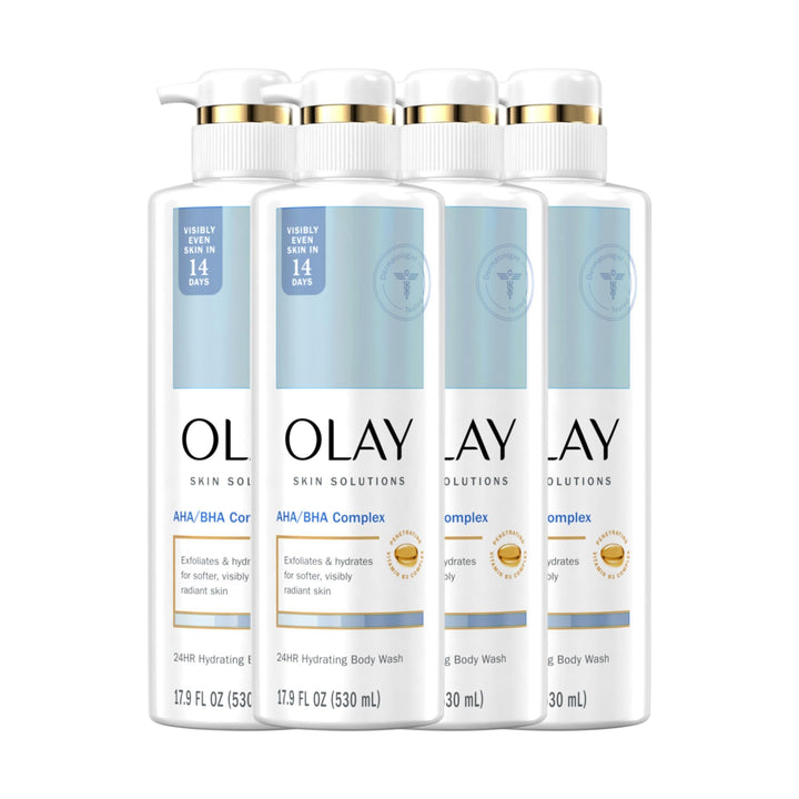 Olay Skin Solutions Hydrating Body Wash for Women with AHA/BHA Complex, 17.9 fl oz (Pack of 4)