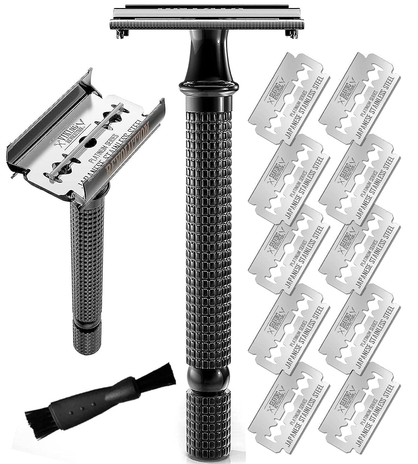 SHAVING REVOLUTION Long Handle Double Edge Safety Razor - Butterfly Open Razor 10 Japanese Stainless Steel Double Edge Blades - Close, Clean Shaving Razor Men., Black Long Handle, 12 Piece Set