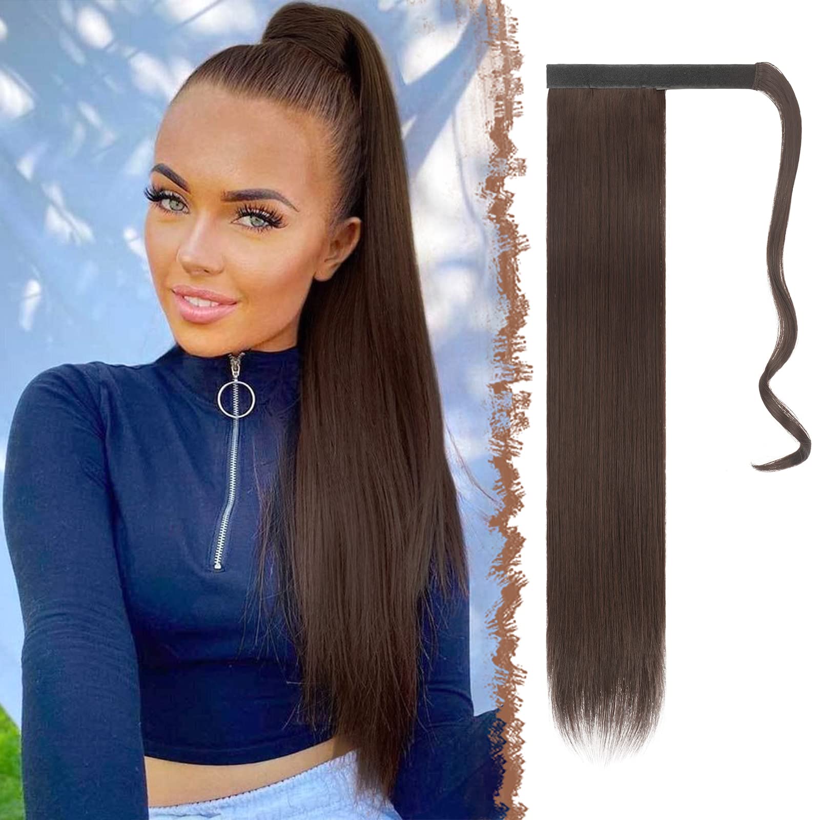 FESHFEN Straight Ponytail Extensions 28 Inch Long Wrap Around Synthetic Hair Piece Clip in Ponytail Hair Extensions Hairpiece for Women Girls 150g