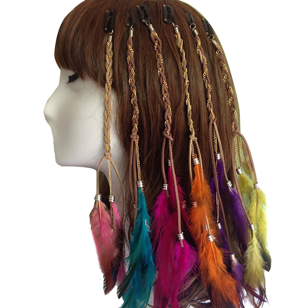 6PCS Women Lady Girls Handmade Boho Hippie Hair Extensions with Feather Clip Comb DIY Accessories Hairpin Headdress