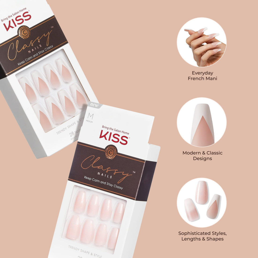 KISS Classy, Press On Nails, Nail glue included, 'Stay Charmed', White, Medium Size, Square Shape, Includes 28 Nails, 2g glue, 1 Manicure Stick, 1 Mini File