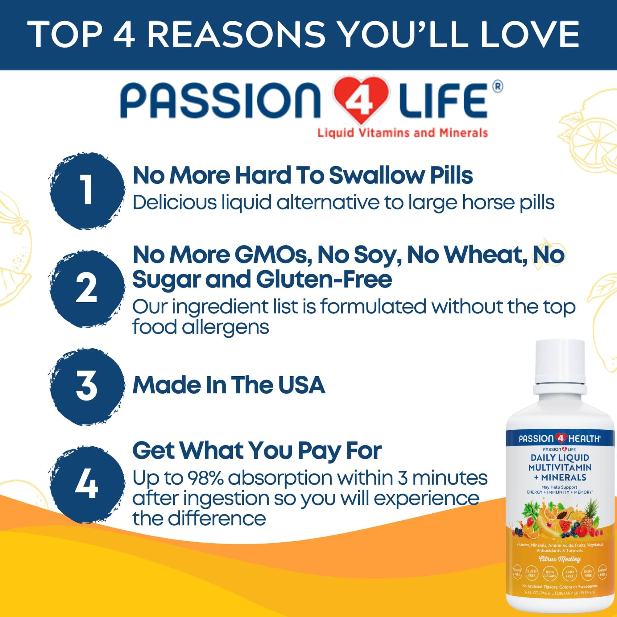 Passion 4 Life Mega Liquid Multivitamins, Trace Minerals, Amino Acids, Turmeric for Adults, Men, Women, Teens, Kids, Non-GMO, No Soy, No Dairy