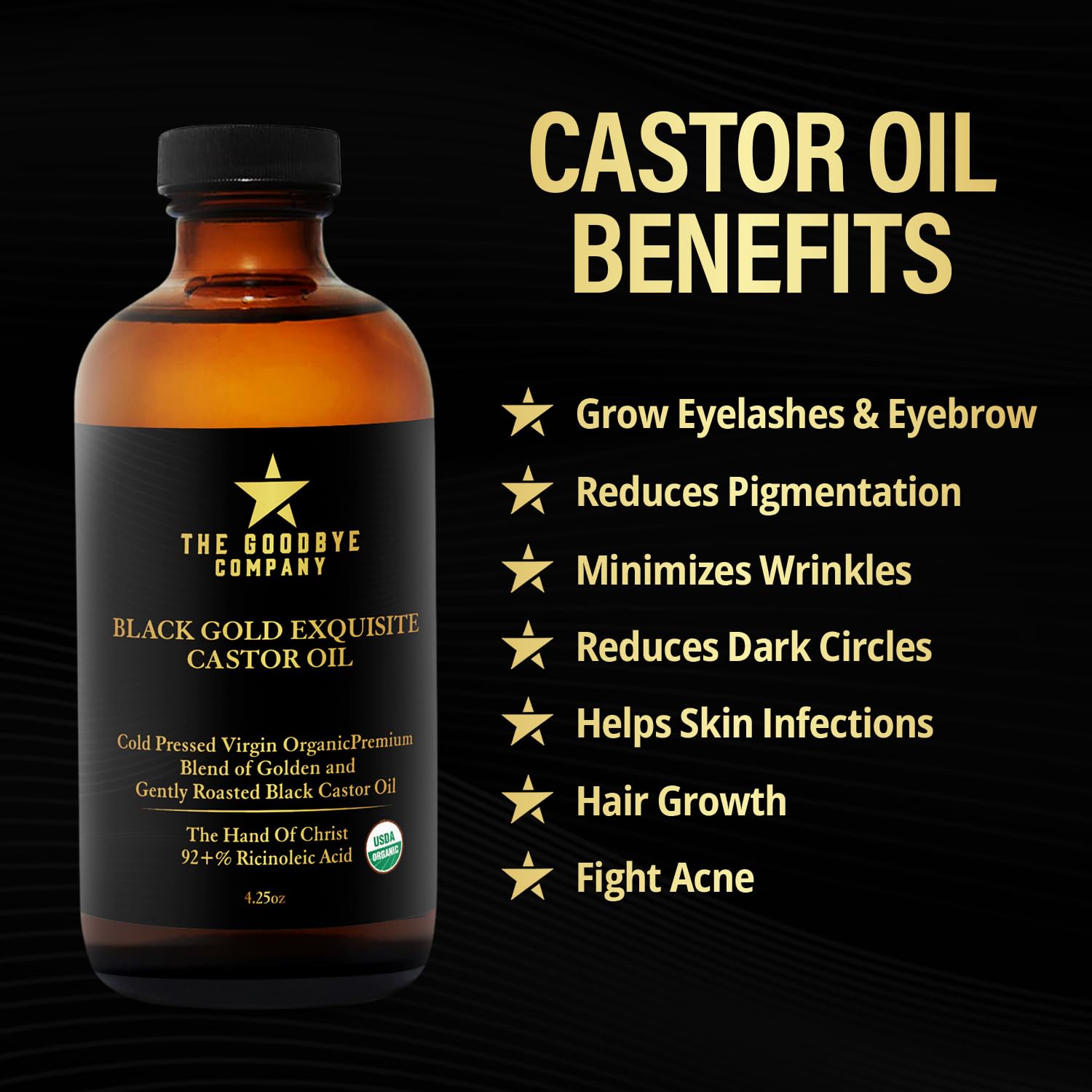 The Goodbye Company Black & Gold Castor Oil Blend – USDA Organic, Cold-Pressed & Unrefined – Pure Hexane-Free Oil for Hair, Skin, Body, Eyelashes & Eyebrows