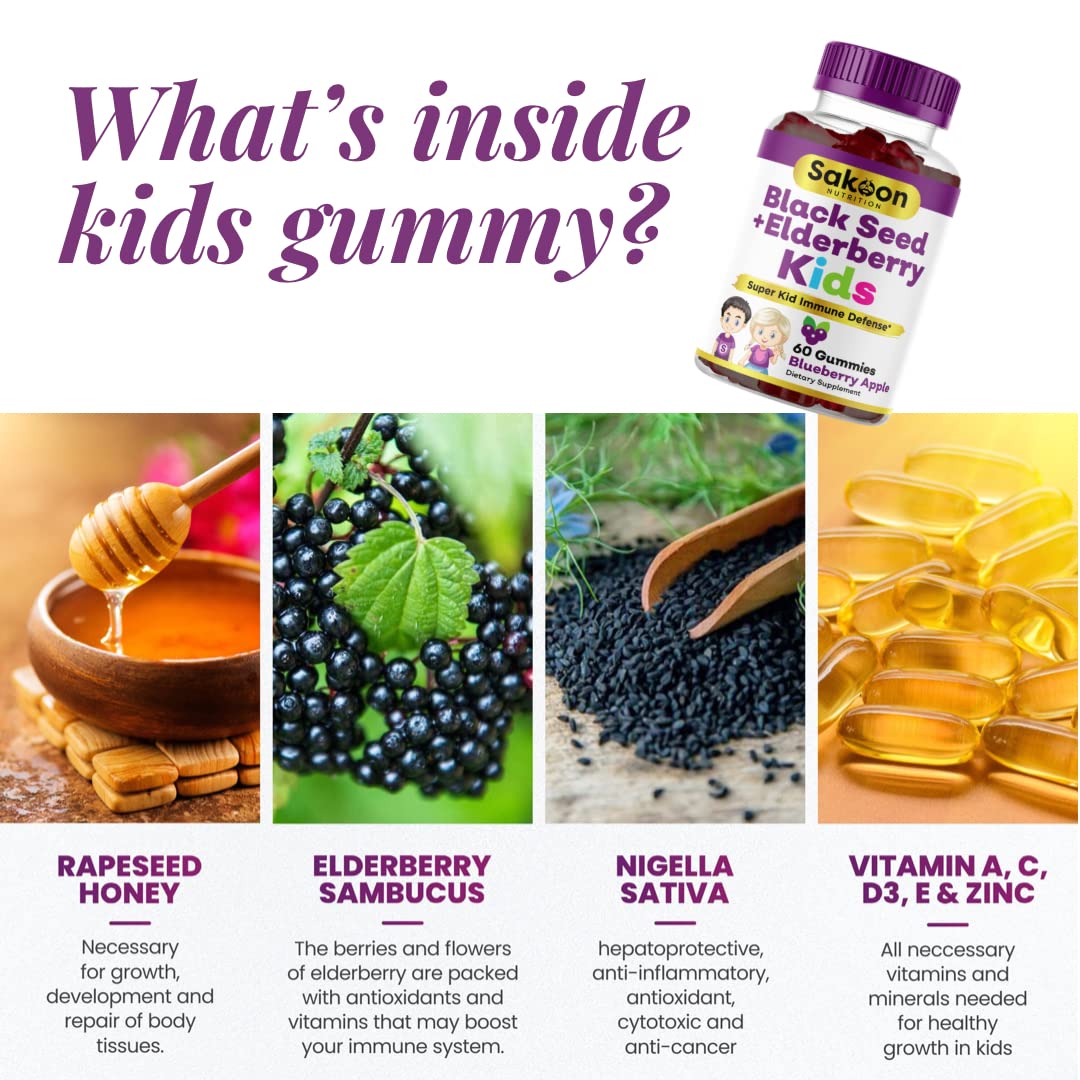 Sakoon nutrition Elderberry & Black Seed Oil Gummies for Kids, Immune Support Gummies, with Vitamin C and Zinc, Delicious Berry Flavor, 60 Gummies