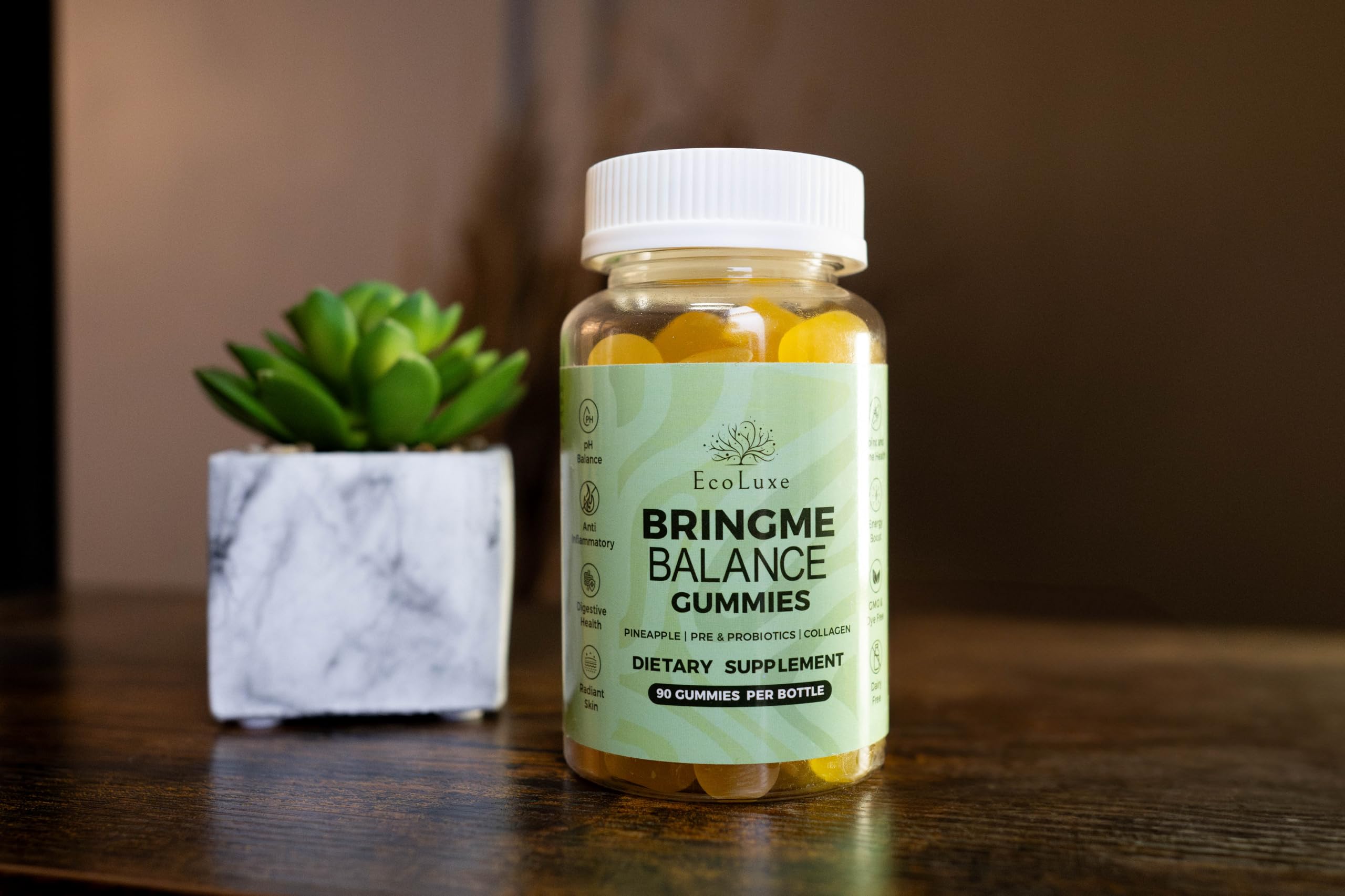 EcoLuxe BRINGME Balance: Pre & Probiotic, Collagen Gummies - Balanced pH, Healthy Odor, Radiant Skin, & Digestive Health, All Natural Ingredients & Low Sugar - Tasty Pineapple (90 Count)