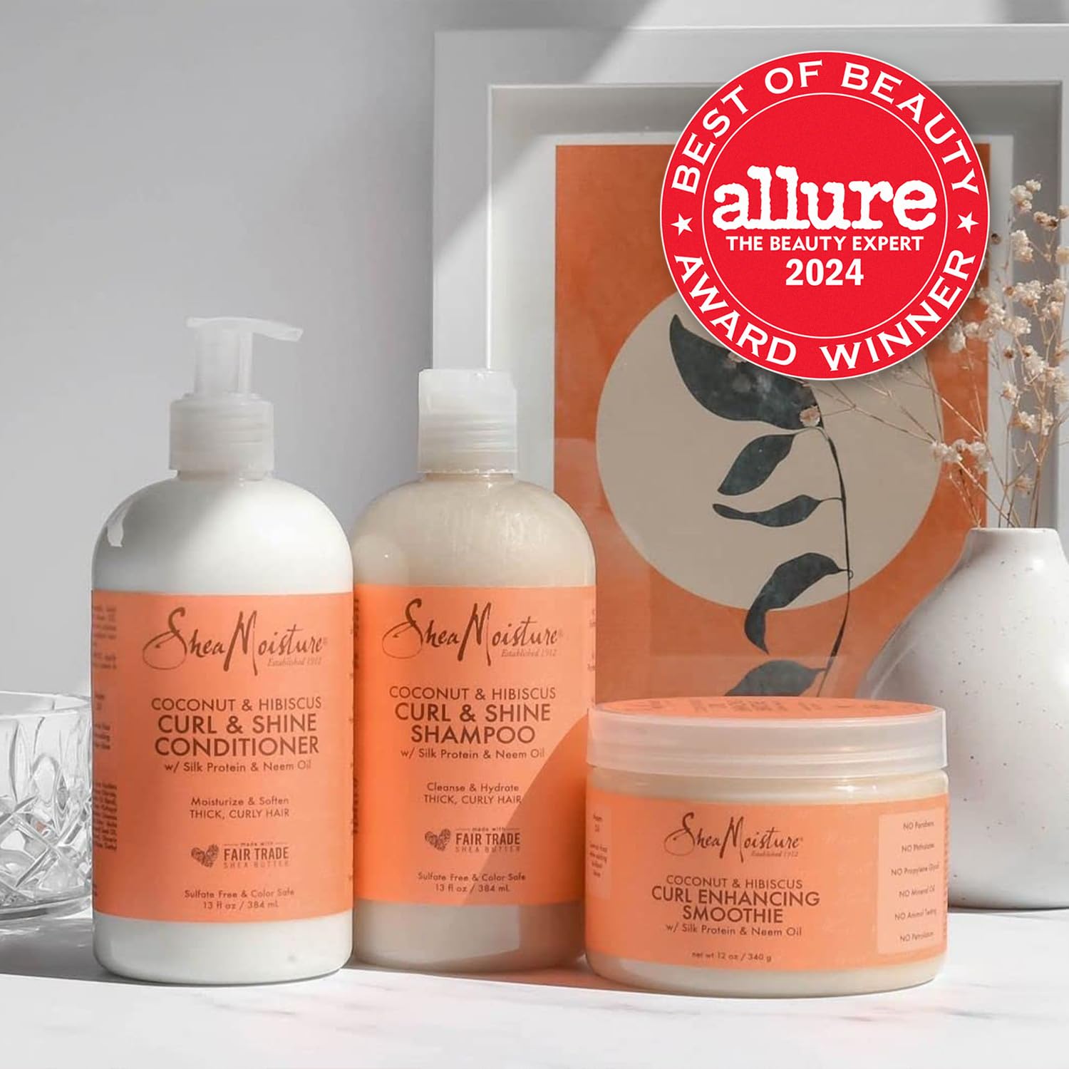 SheaMoisture Coconut & Hibiscus Curl & Shine Bundle – Shampoo, Conditioner + Curl Enhancing Smoothie for Curly Hair Care