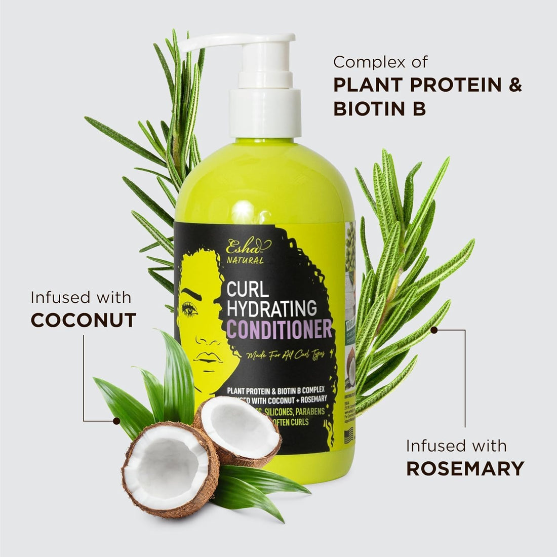 Esha Girl Natural – Curl Hydrating Conditioner - Moisturize 3C & 4C Curls with Coconut & Rosemary Oils, Biotin - Tropical Fruit Scent (12 Oz.)